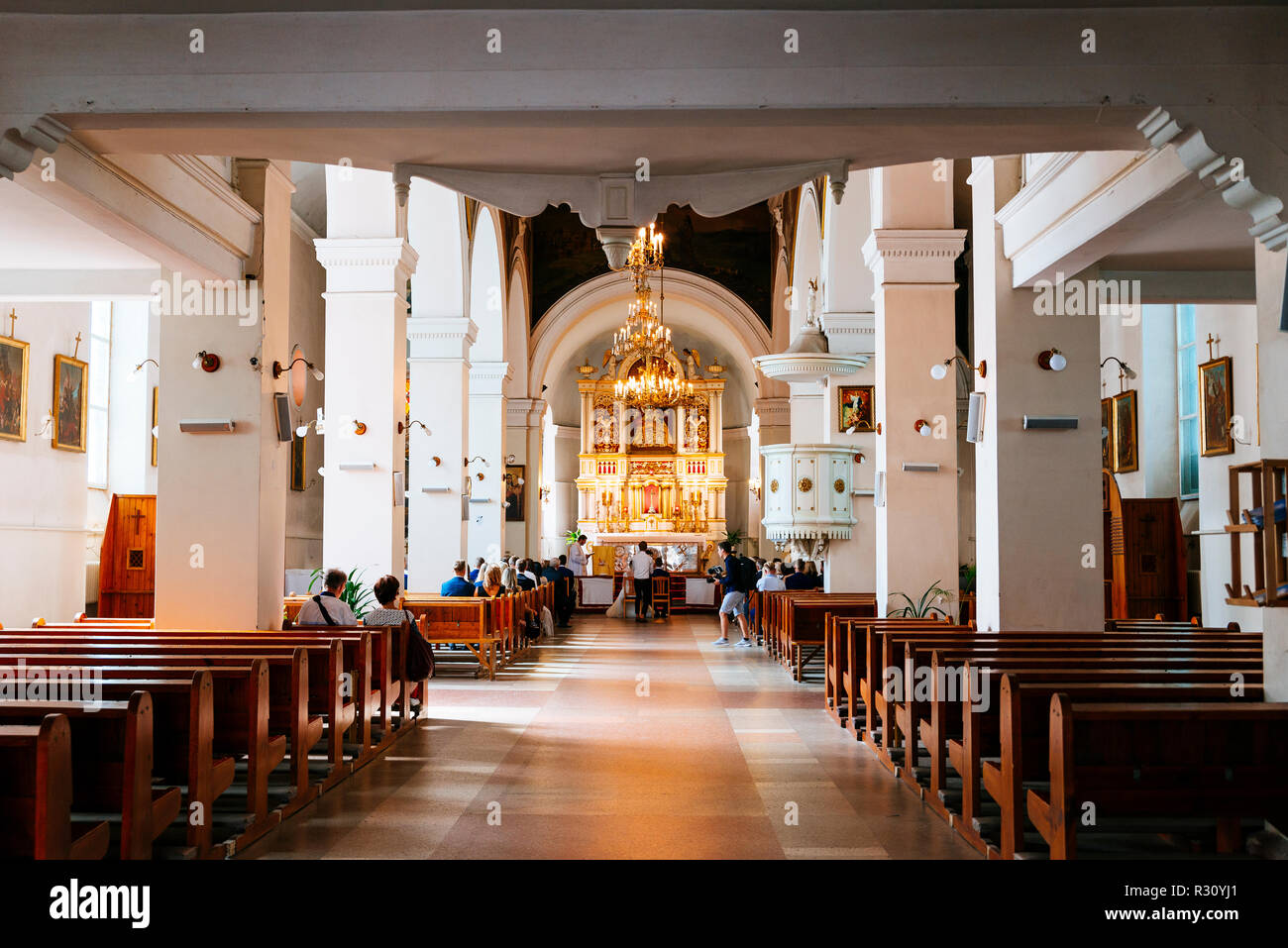 Kirchenschiff der Schmerzhaften Muttergottes Kirche ist eine katholische Kirche in Riga, Lettland, Baltikum, Europa. Stockfoto