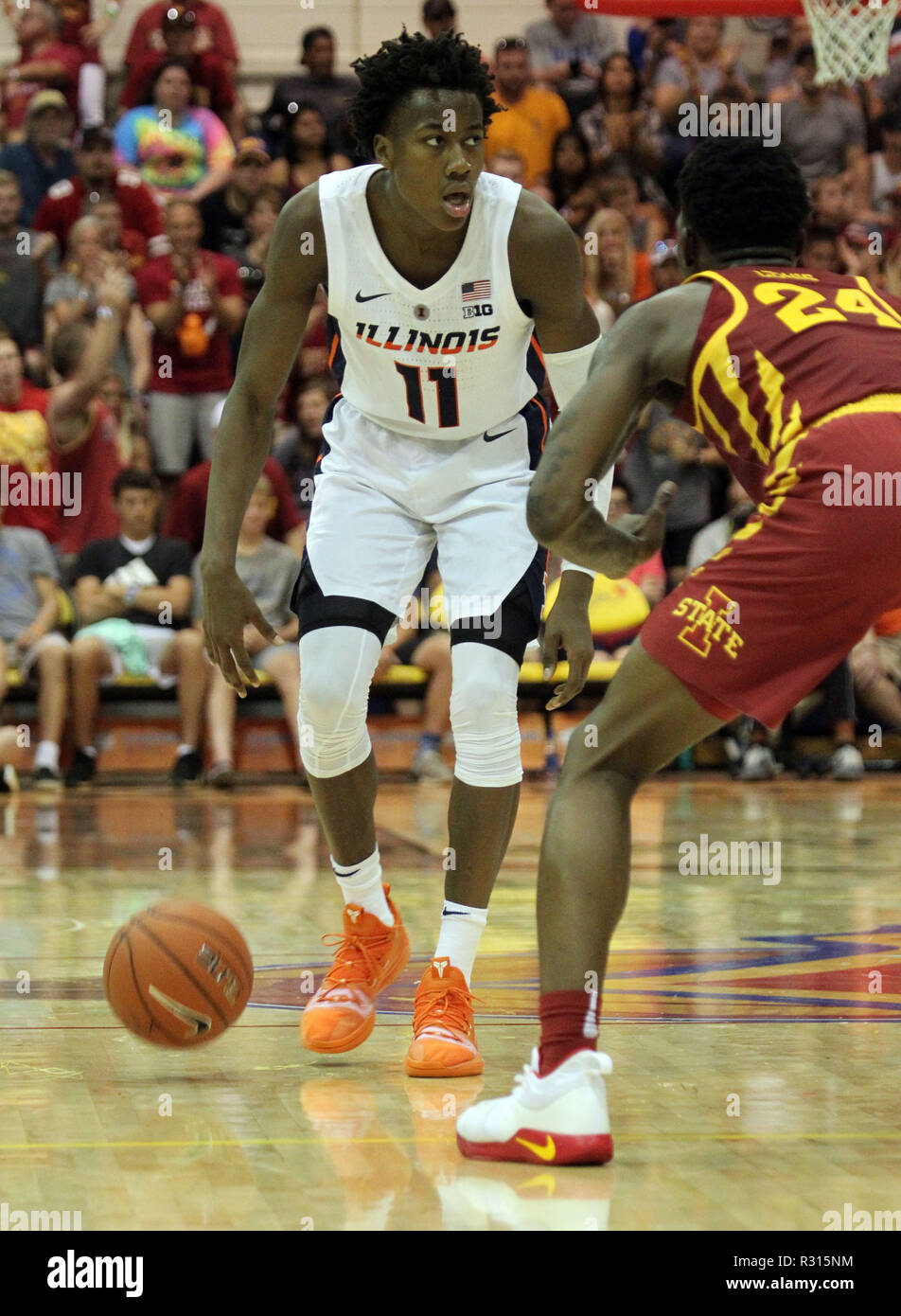 November 17, 2018 - Illinois Fighting Illini guard Ayo Dosunmu #11 während eines Spiels zwischen den Illinois Fighting Illini und der Iowa State Wirbelstürme an der Lahaina Civic Center in Lahaina, Maui, HI Michael Sullivan/CSM Stockfoto