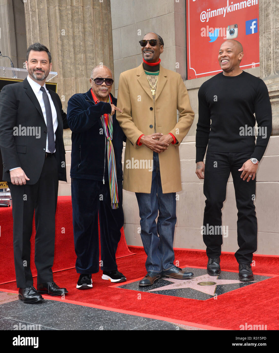 LOS ANGELES, Ca. November 19, 2018: Jimmy Kimmel, Quincy Jones, Snoop Dogg & Dr Dre auf dem Hollywood Walk of Fame Star Zeremonie zu Ehren Snoop Dogg. Bilder: Paul Smith/Featureflash Stockfoto