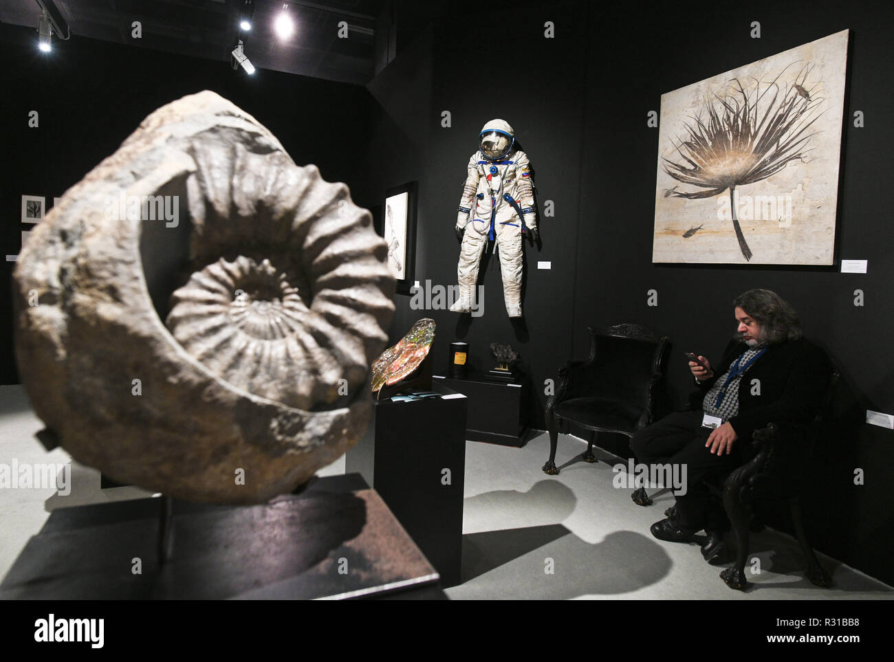 21. November 2018, Nordrhein-Westfalen, Köln: Am Stand der Aussteller auf der Messe 'Köln Kunst' eine versteinerte Schnecke, ein Russischer Raumanzug und Kunstwerke präsentiert. Foto: Henning Kaiser/dpa Stockfoto