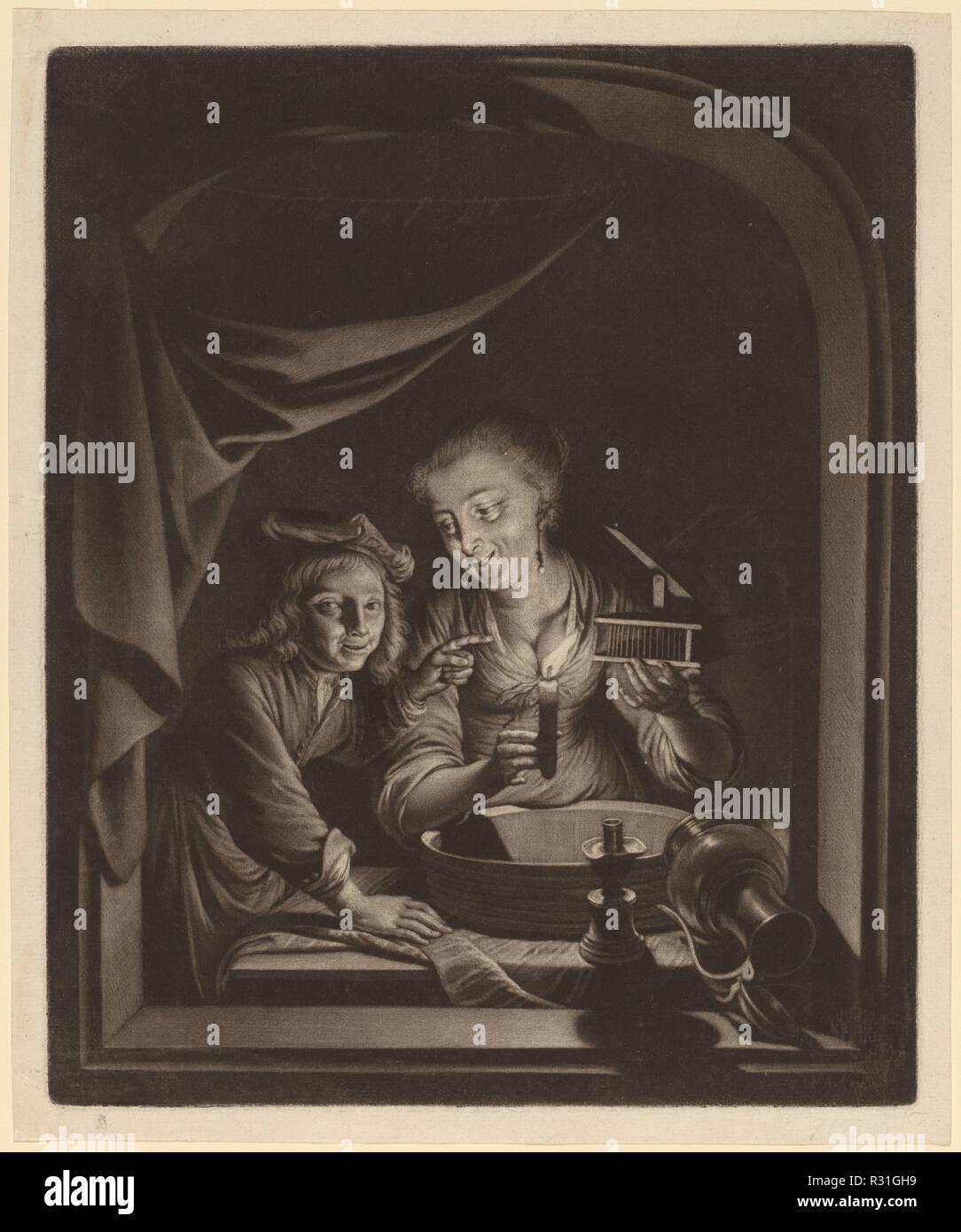 Zimmermädchen mit einer Mausefalle. Medium: MEZZOTINT. Museum: Nationalgalerie, Washington DC. Autor: Nicolaas Verkolje nach Gerrit Dou. Stockfoto
