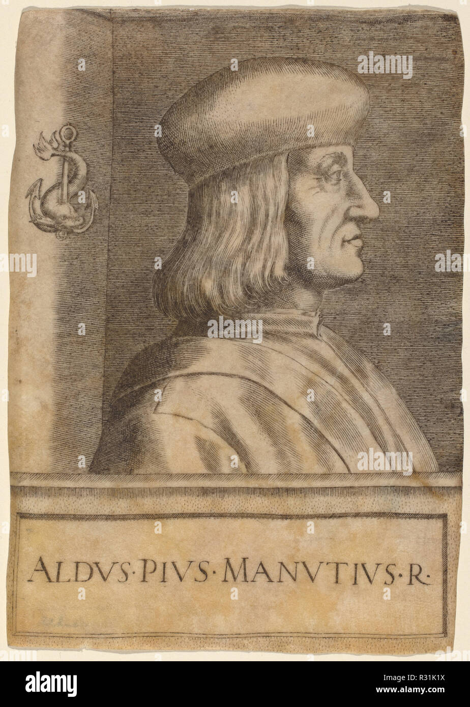 Aldus Pius Manutius. Medium: Gravur auf Pergament. Museum: Nationalgalerie, Washington DC. Thema: Giulio Campagnola zugeschrieben. Stockfoto
