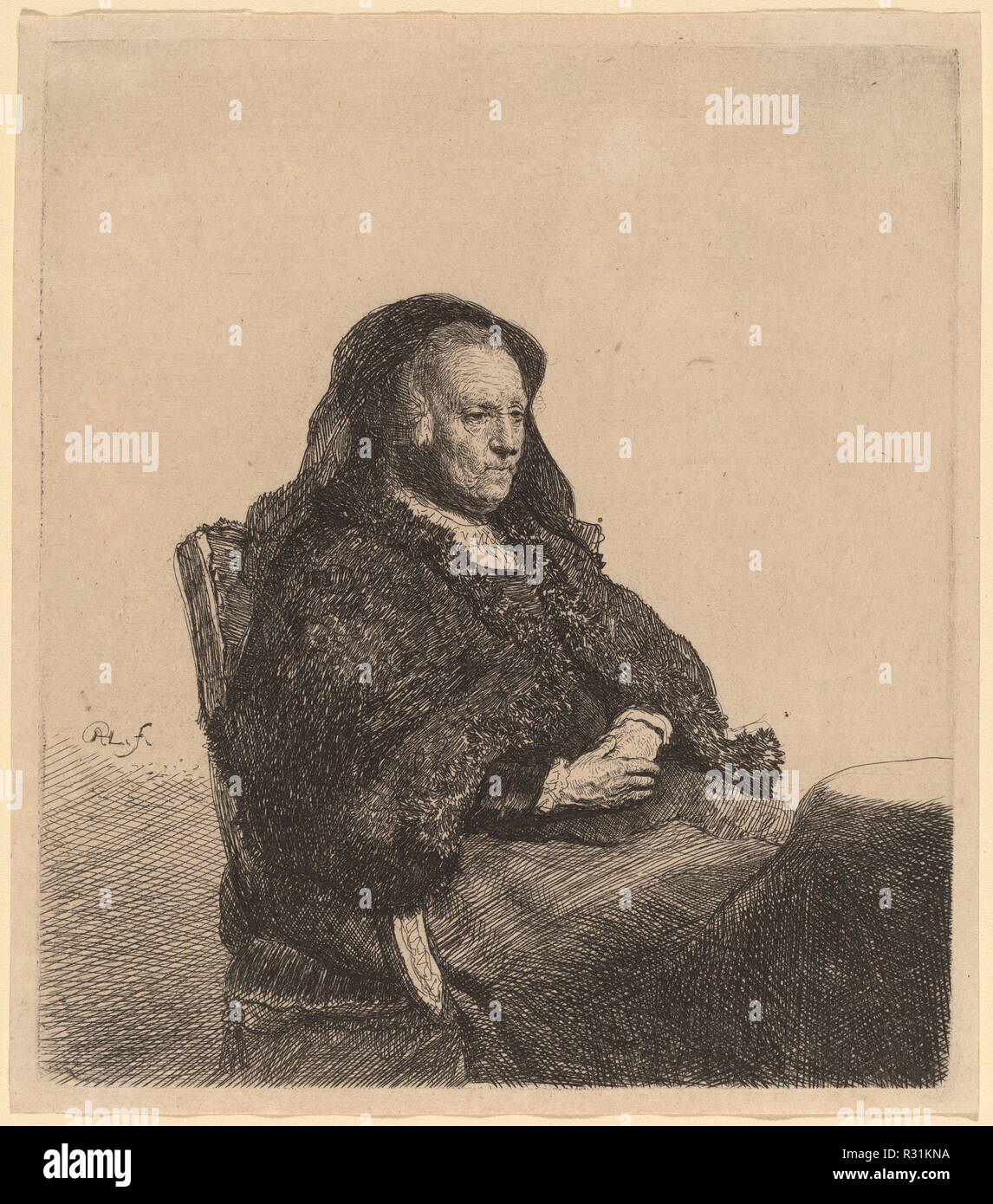 Des Künstlers Mutter sitzt an einem Tisch, rechts schauen. Vom: C. 1631. Abmessungen: Platte: 14,9 x 13 cm (5 7/8 x 5 1/8 in.) Blatt: 15,7 x 13,5 cm (6 3/16 x 5 5/16 in.). Medium: Radierung. Museum: Nationalgalerie, Washington DC. Thema: Rembrandt, HARMENSZOON VAN RIJN. Stockfoto