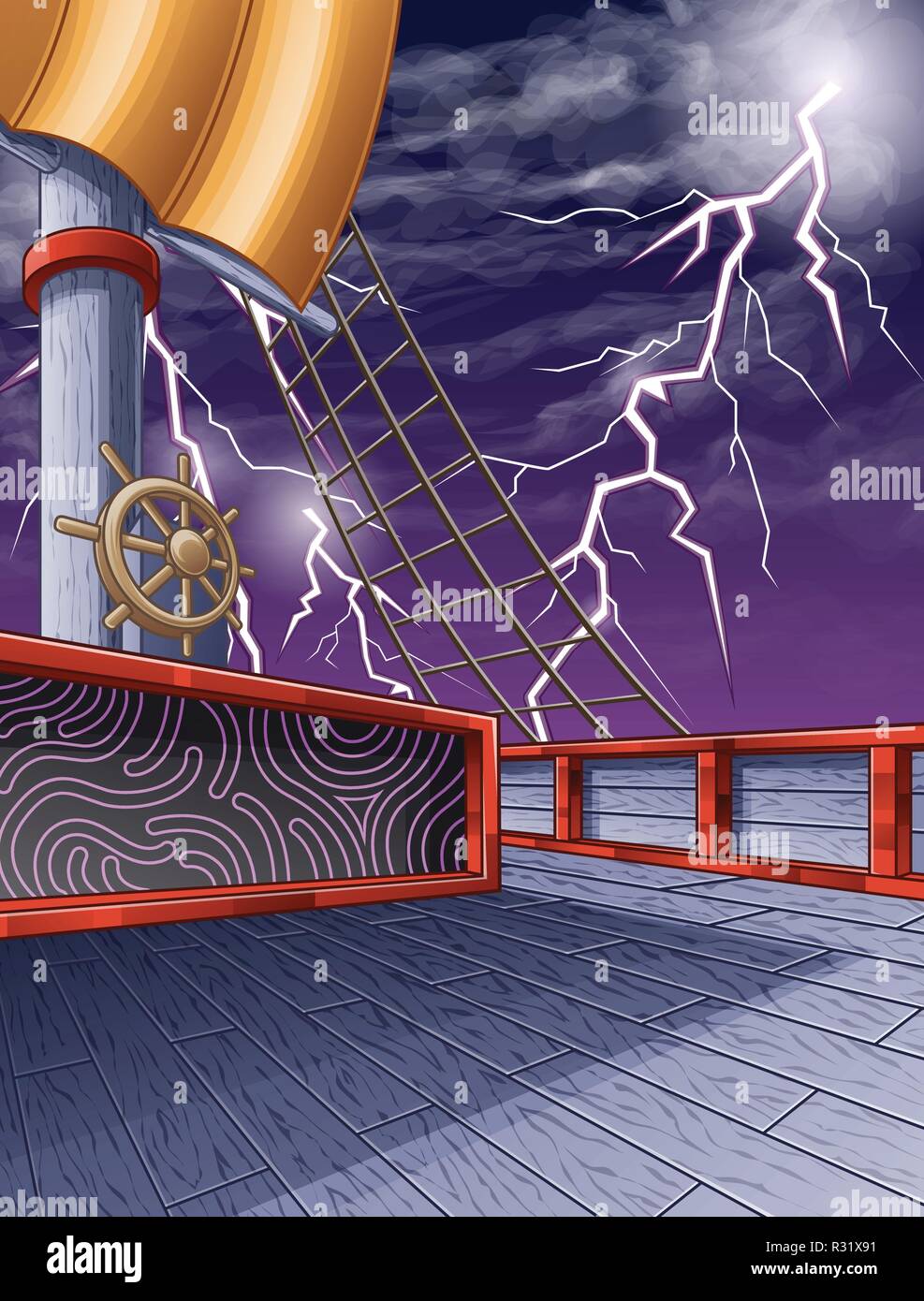 Auf dem Piratenschiff und thunderbolt Himmel Hintergrund. Stock Vektor