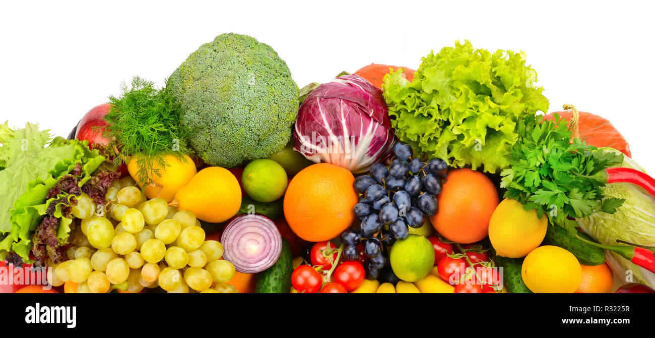 Große Sammlung von Obst und Gemüse auf weißem Hintergrund. Ansicht von oben. Stockfoto