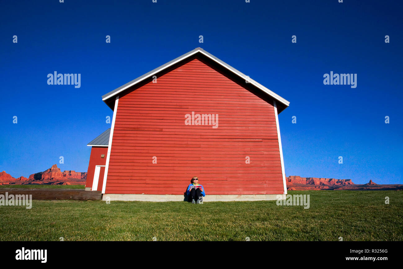 Eine einzelne Frau auf dem Boden sitzend lesen, als sie sich gegen eine rote Holzhaus an einem sonnigen Herbsttag neigt. Stockfoto