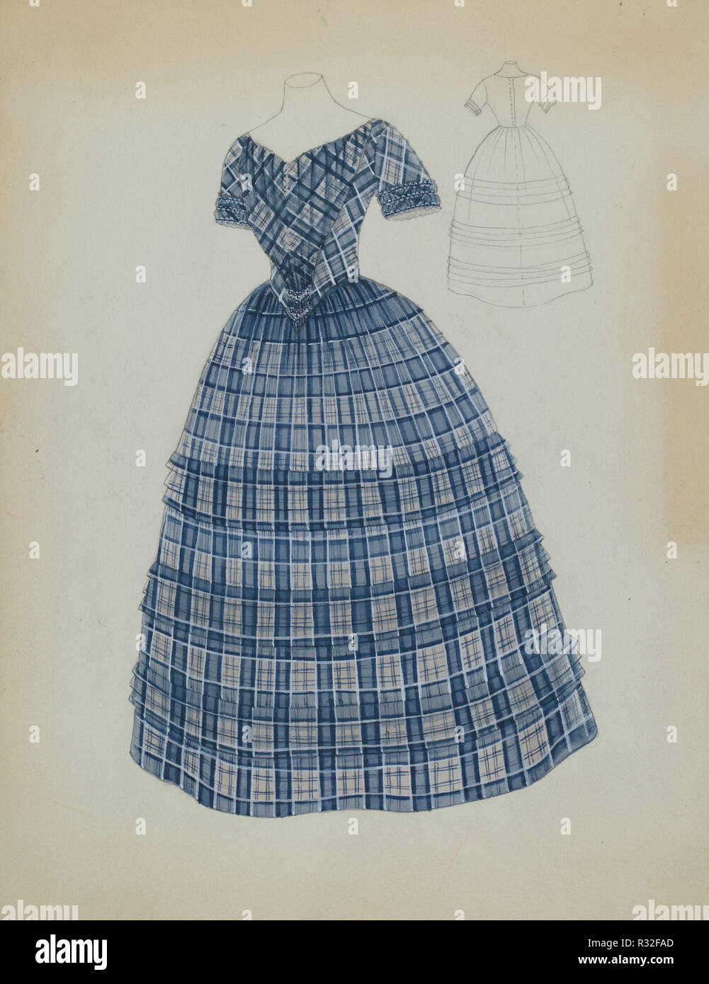 Kleid. Vom: C. 1936. Maße: gesamt: 28,5 x 23,9 cm (11 1/4 x 9 7/16 in.) Original IAD Objekt: Rock: 37' lang, 144 breit; Mieder: Hals Taille: 15 1/2" lang; Büste: 36'; Taille: 27 1/2'. Medium: Aquarell, Graphit und Gouache auf Papier. Museum: Nationalgalerie, Washington DC. Thema: Bessie Forman. Stockfoto