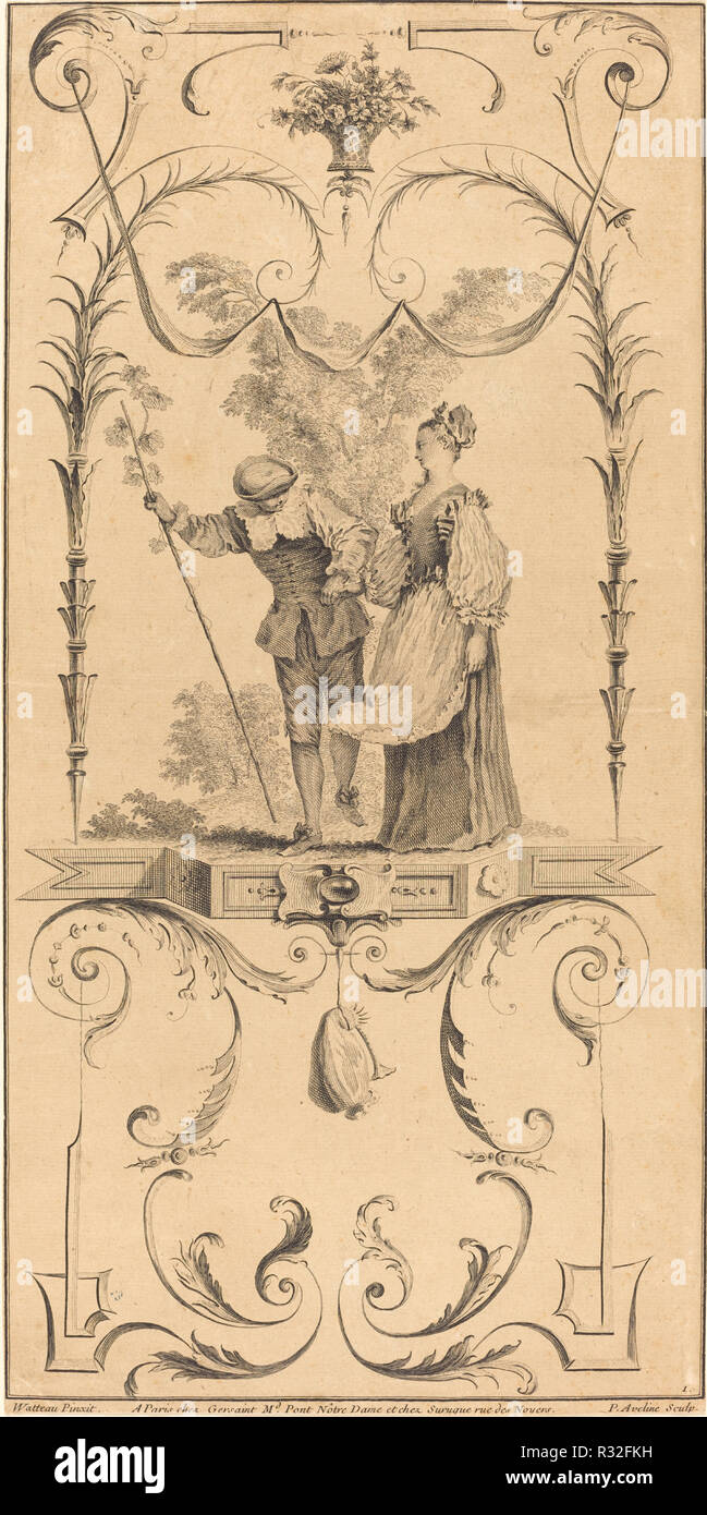 Schäfer und Schäferin (?). Medium: Radierung. Museum: Nationalgalerie, Washington DC. Autor: Pierre-Alexandre Aveline nach Antoine Watteau. Stockfoto