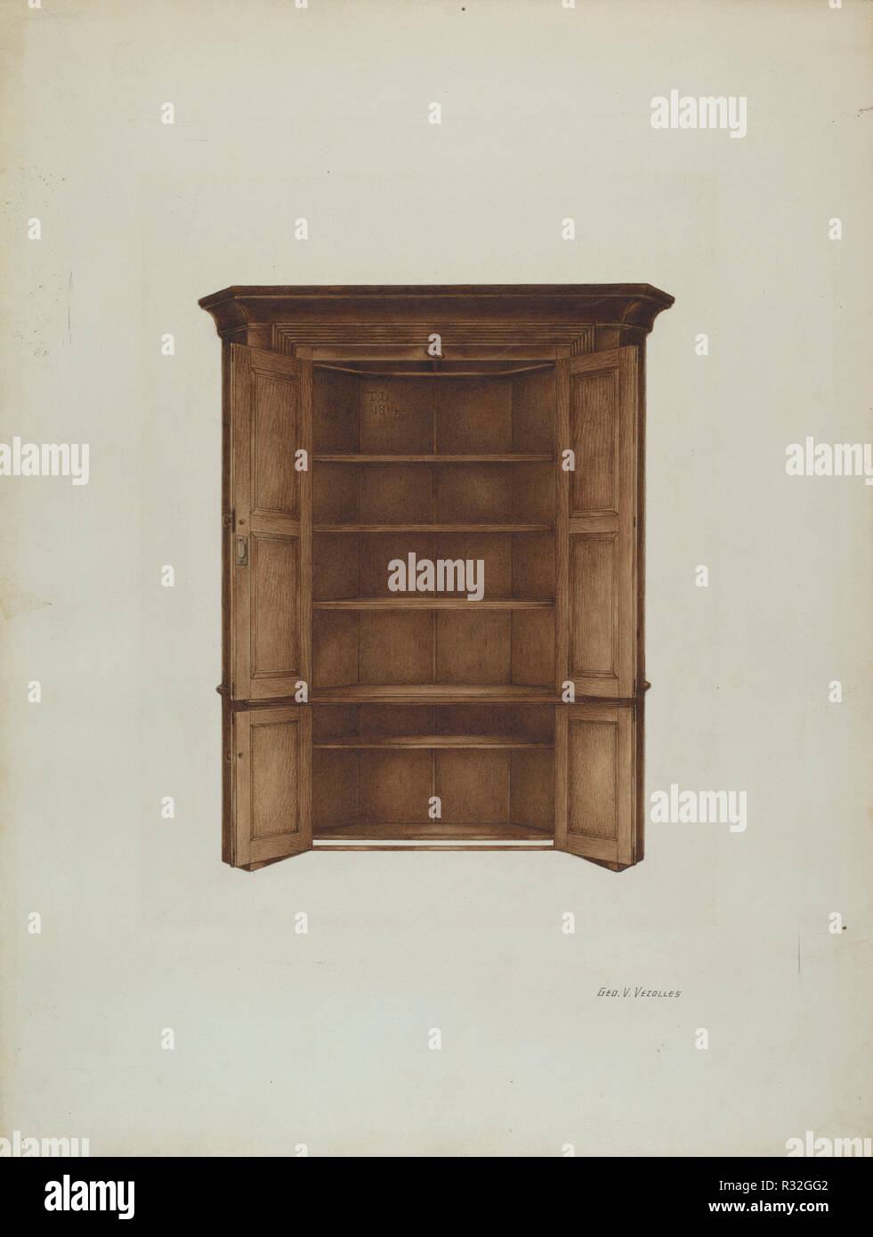 Eckschrank. Vom: C. 1937. Maße: gesamt: 41,1 x 31 cm (16 1/4 x 12 1/4 in.) Original IAD Objekt: 77 1/2' hoch; 51 1/2" breit.. Medium: Aquarell, Buntstift, Feder und Tusche und Graphit auf Papier. Museum: Nationalgalerie, Washington DC. Autor: George V. Vezolles. Stockfoto