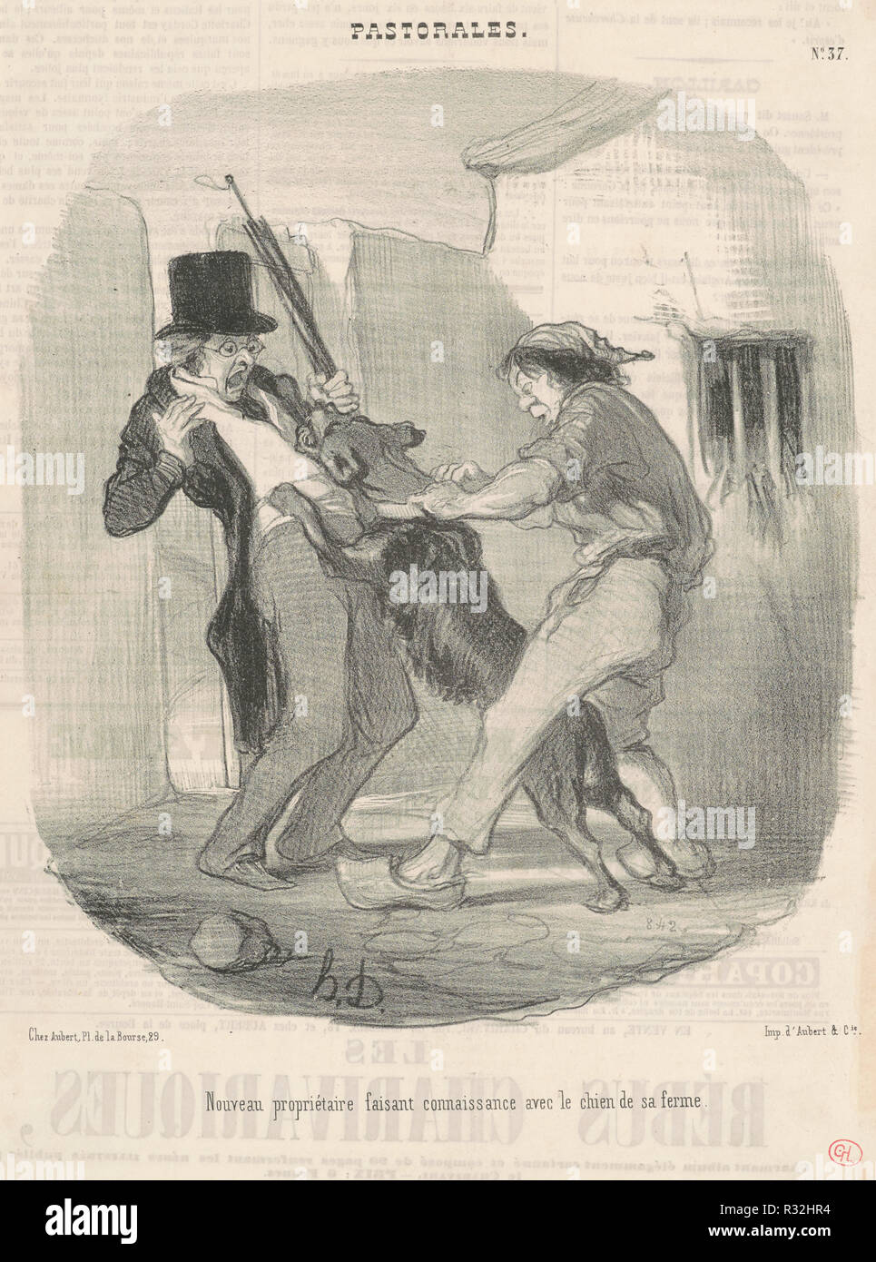 Nouveau propriètaire faisant connaissance avec Le Chien ... Vom: 19. Medium: Lithographie. Museum: Nationalgalerie, Washington DC. Thema: Honoré Daumier. Stockfoto