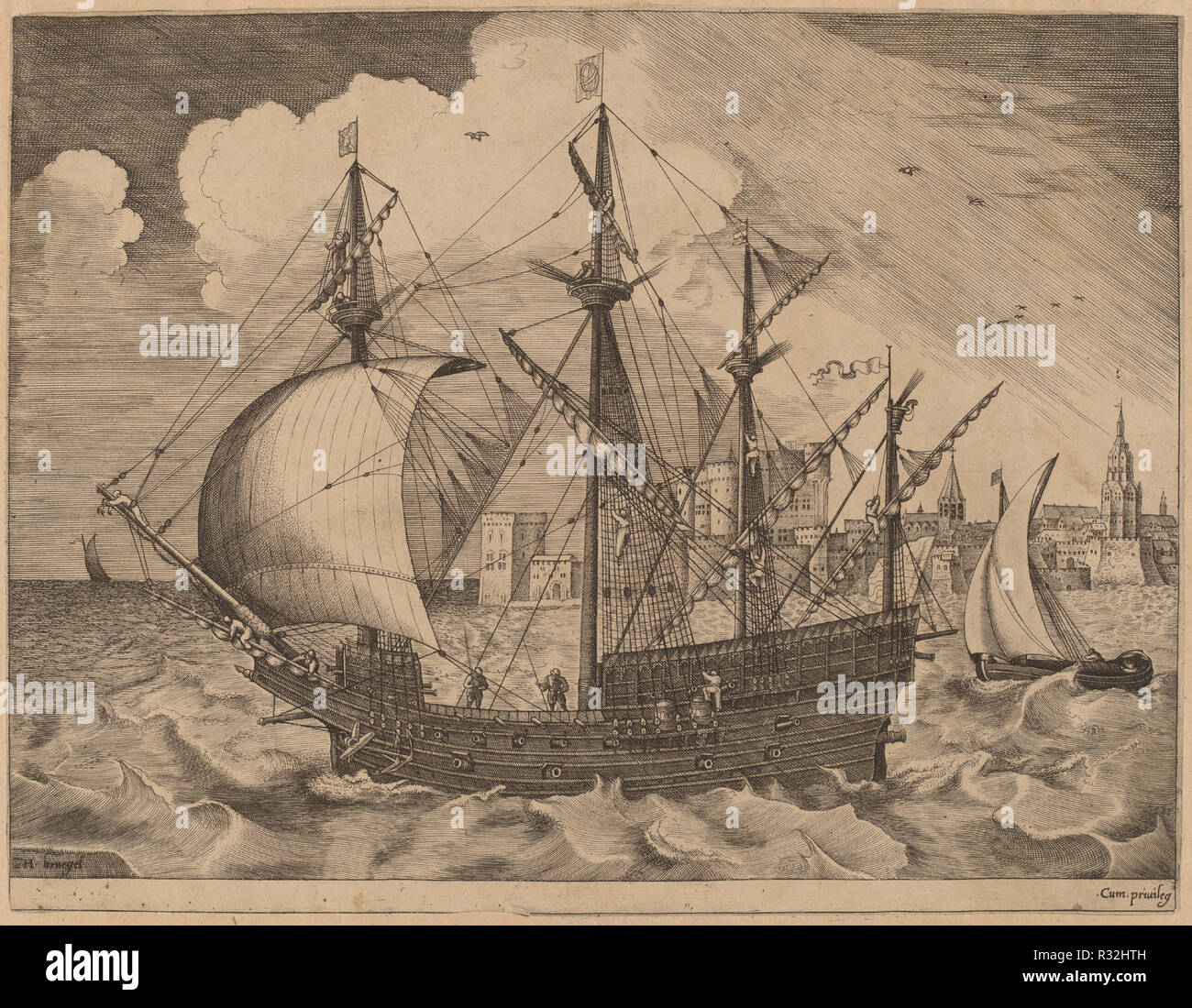 Bewaffnete Four-Master setzen auf das Meer. Stand: 1565. Medium: Gravur. Museum: Nationalgalerie, Washington DC. Autor: Frans Huys nach Pieter Brueghel der Ältere. Stockfoto