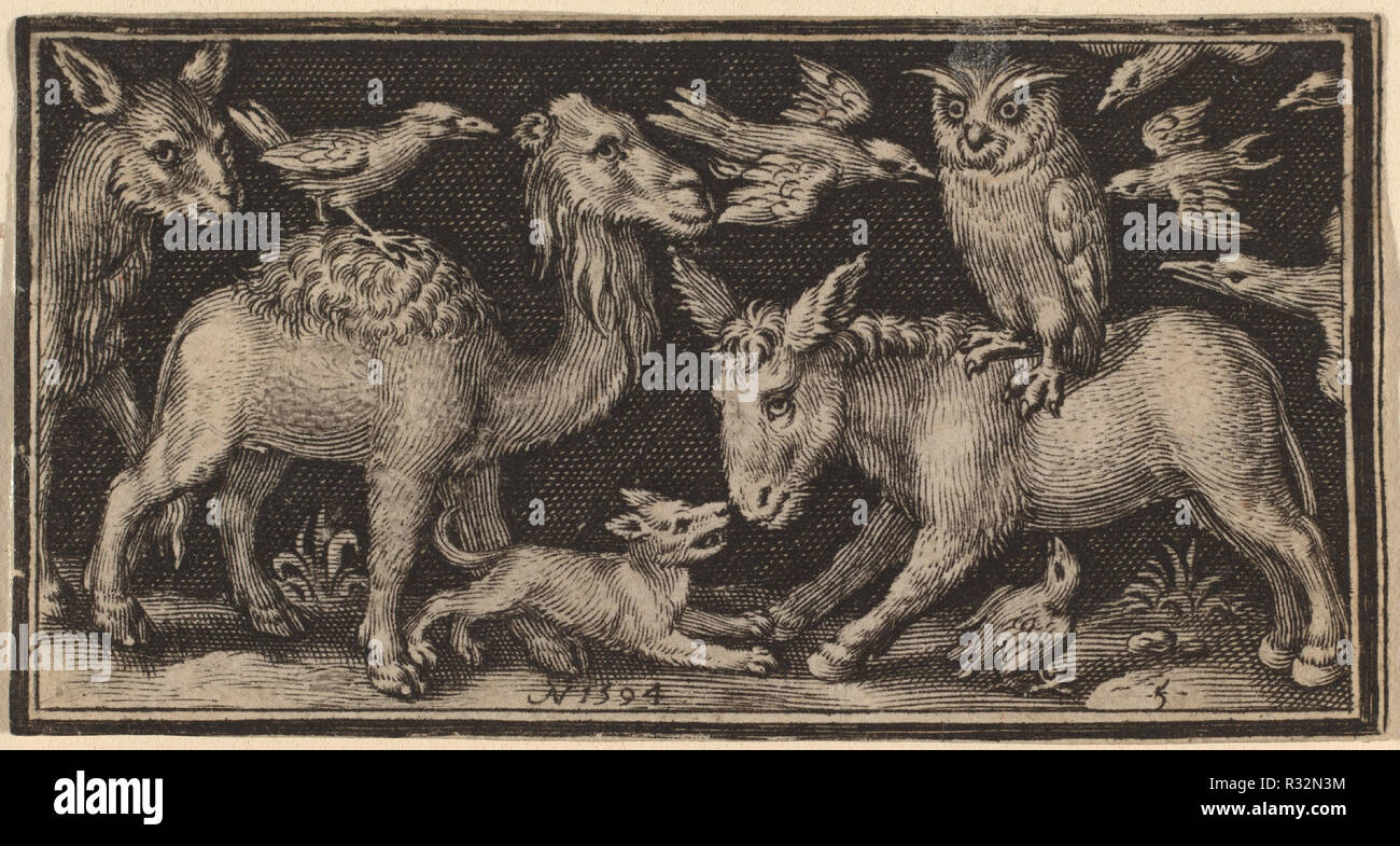 Eule auf der Rückseite der Esel, Vogel auf der Rückseite des Kamels mit anderen Tieren. Vom: veröffentlicht 1594. Medium: Gravur. Museum: Nationalgalerie, Washington DC. Autor: Nicolaes de Bruyn. Stockfoto