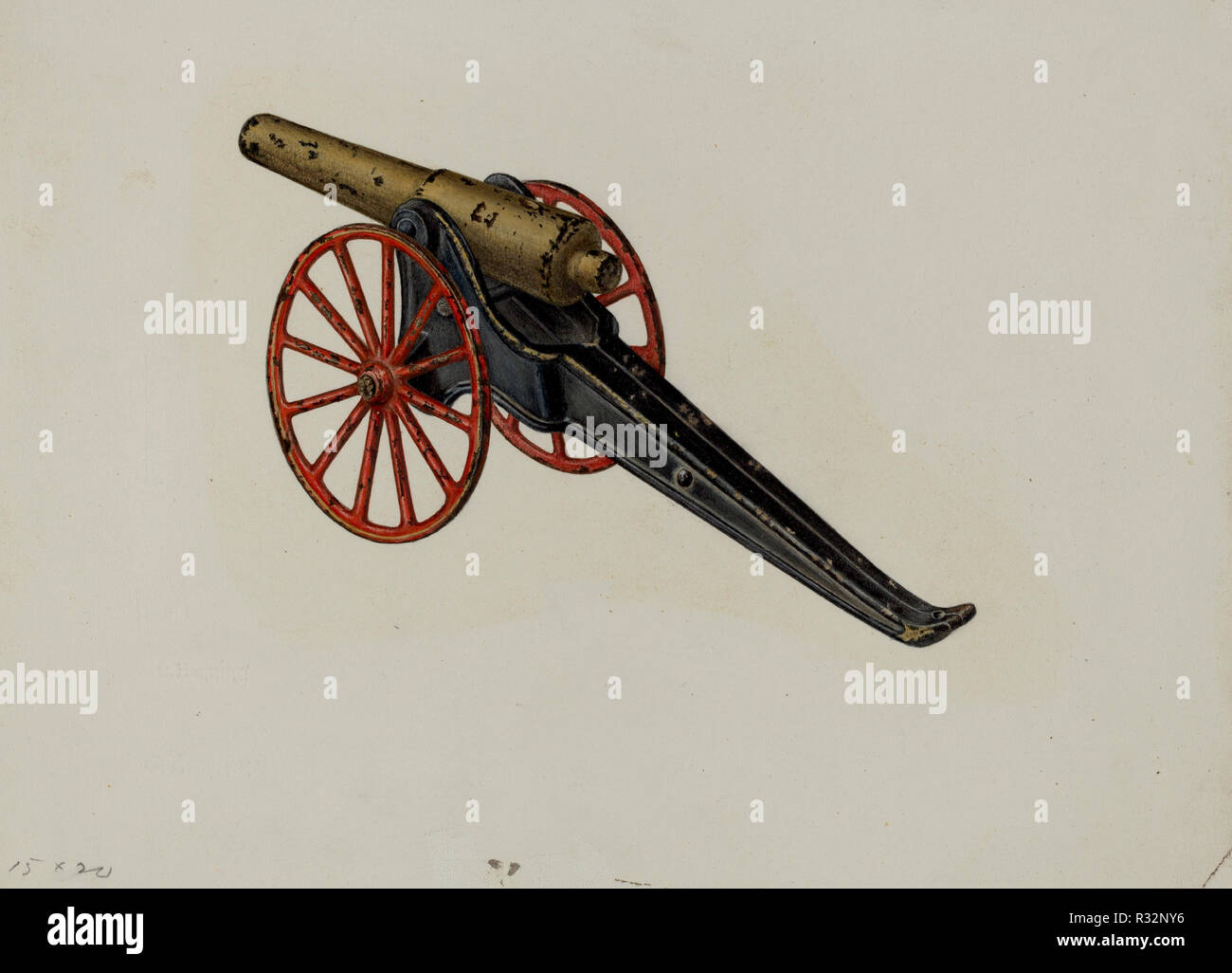 Spielzeug Kanone. Vom: C. 1941. Maße: gesamt: 22,3 x 29,1 cm (8 3/4 x 11 7/16 in.) Original IAD Objekt: 9' lang; 4' hoch; 2 3/4" breit; Räder: 2 7/8" im Durchmesser. Medium: Aquarell, Feder und Tusche und Graphit auf Pappe. Museum: Nationalgalerie, Washington DC. Autor: Karl Henning. Stockfoto