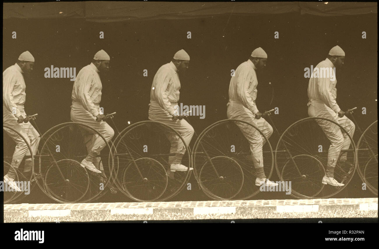 Chronophotograph einen Mann auf einem Fahrrad. Vom: C. 1885-1890. Abmessungen: Bild: 4 x 7,5 cm (1 9/16 x 2 15/16 in.) Platte: 8,8 x 10,2 cm (3 7/16 x 4 in.). Medium: Glas Laterne schieben. Museum: Nationalgalerie, Washington DC. Autor: Etienne Jules Marey. Stockfoto