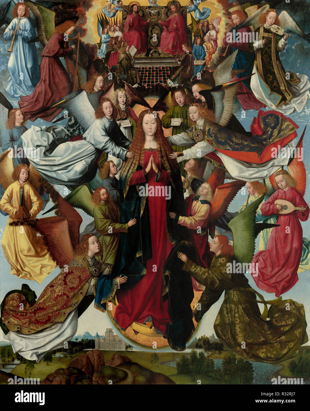 Maria, die Königin des Himmels. Vom: C. 1485/1500. Abmessungen: bemalte Fläche: 199,2 x 161,8 cm (78 5/6 x 63 11/16 in.) Insgesamt (Panel): 201.5 x 163.8 cm (79 5/16 x 64 1/2 in.) gerahmt: 220.03 × 182.88 × 9,53 cm (86 5/8 x 72 x 3 3/4 in.) Gewicht: 92.987 kg (205 lb). Medium: Öl auf. Museum: Nationalgalerie, Washington DC. Autor: Meister der Saint Lucy Legende. MEISTER DER LUCIA-Legende. Meister der St. Lucy Legende. Stockfoto