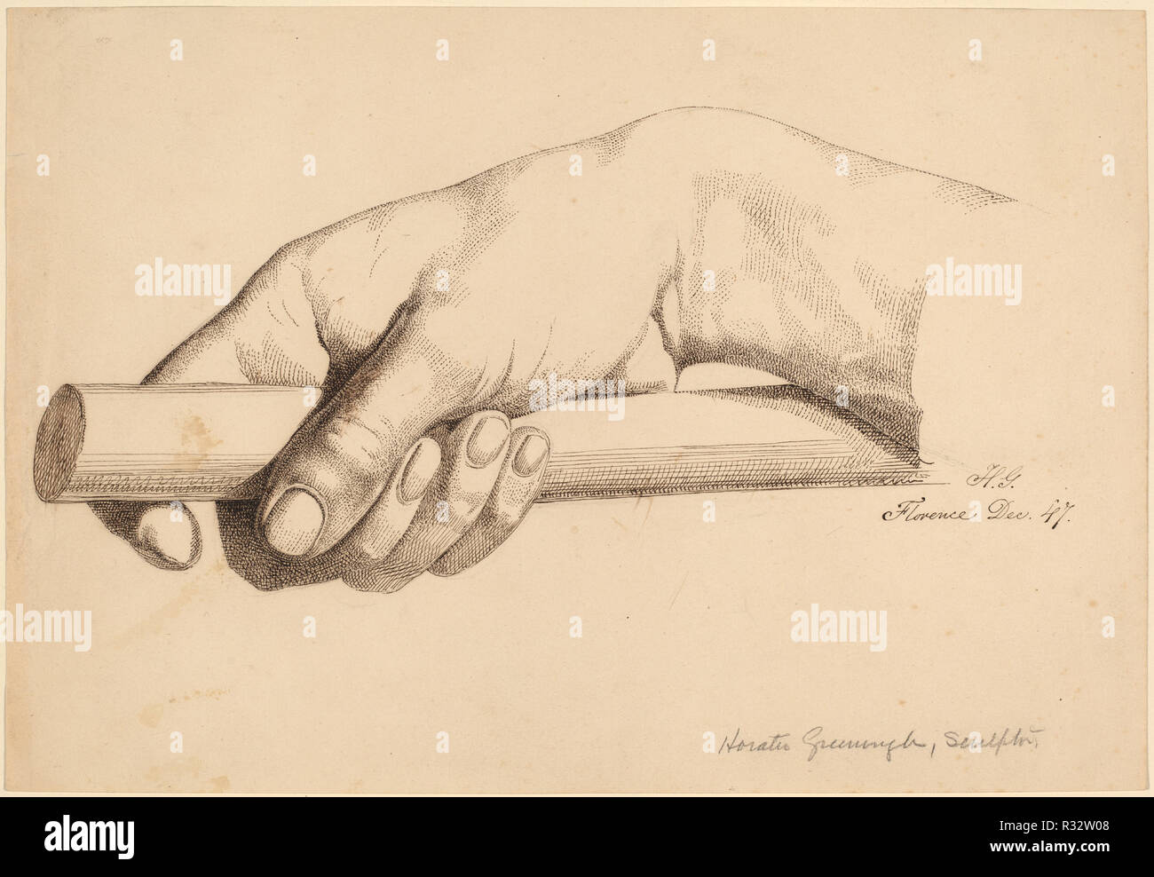 Mit der rechten Hand, die eine kurze Rute. Stand: 1847. Maße: Blatt: 17,9 x 26,1 cm (7 1/8 x 10 1/4 in.). Medium: Stift und brauner Tinte über Graphit auf Papier webten. Museum: Nationalgalerie, Washington DC. Autor: Horatio Greenough. Stockfoto