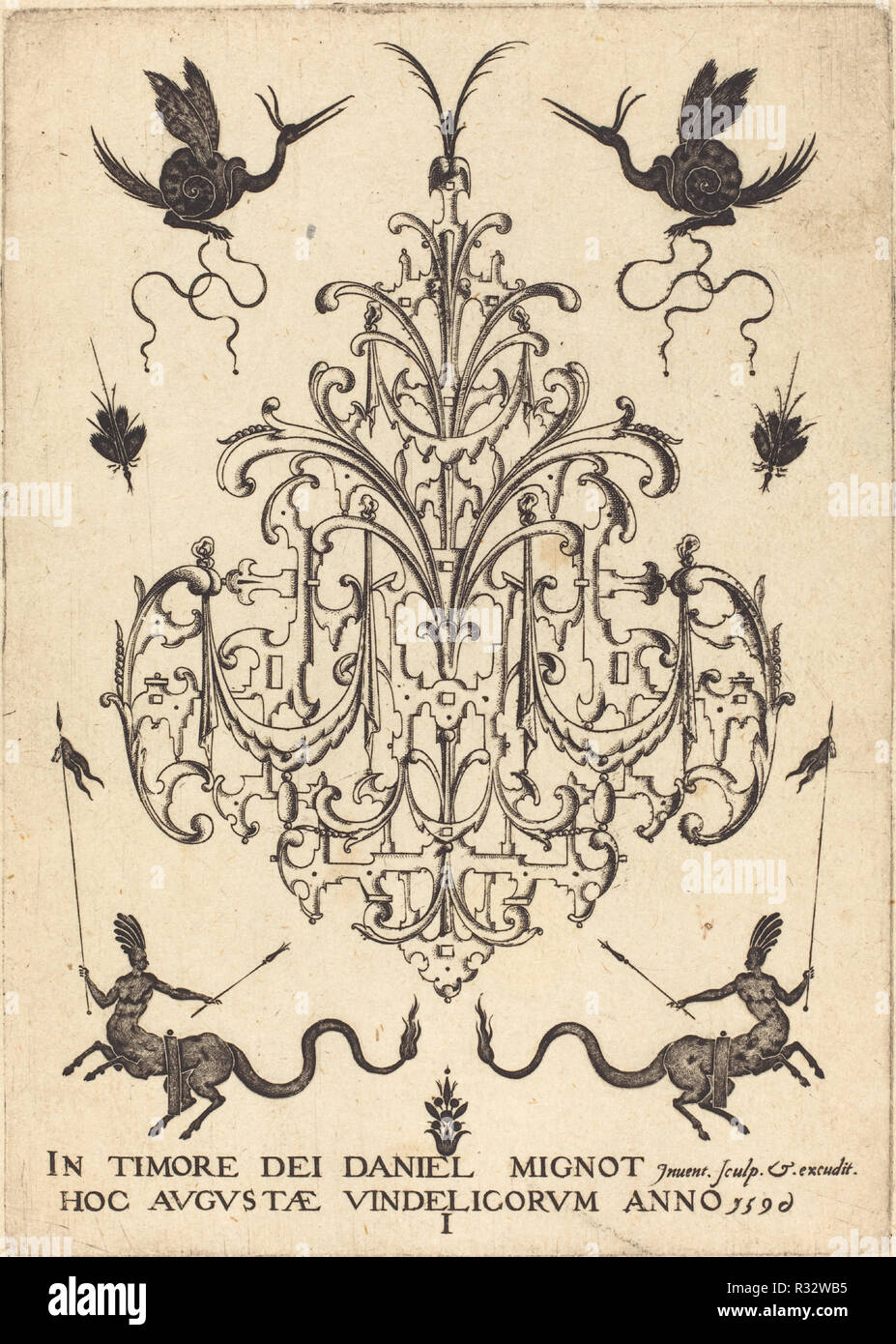 Title-Page: Brosche, wie eine Schnecke Tiere, Zentauren mit Banner unten. Stand: 1596. Medium: Gravur. Museum: Nationalgalerie, Washington DC. Autor: Daniel Mignot. Stockfoto