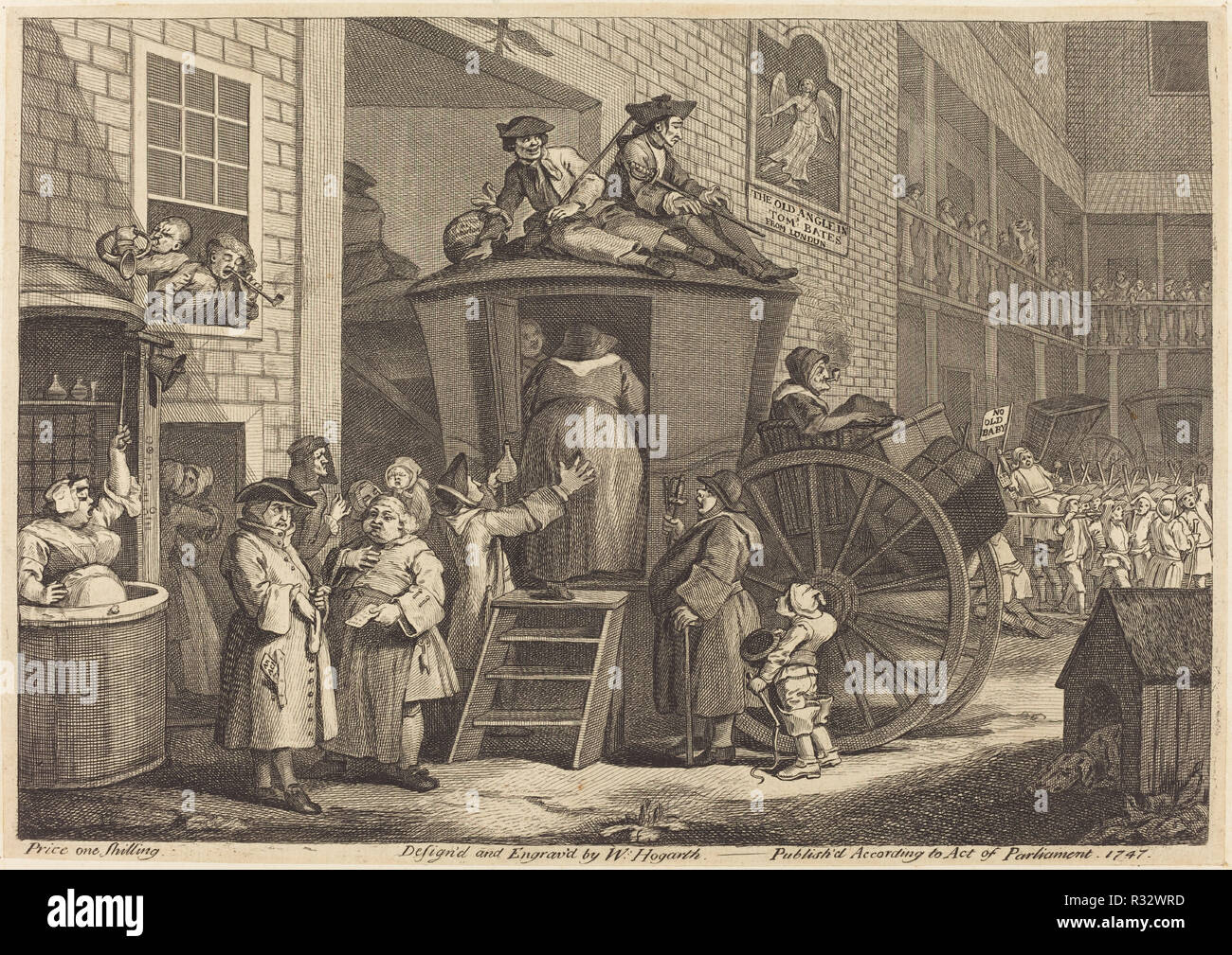 Die Bühne - Trainer, oder das Country Inn Hof. Stand: 1747. Medium: Radierung und Gravur. Museum: Nationalgalerie, Washington DC. Autor: William Hogarth. Stockfoto