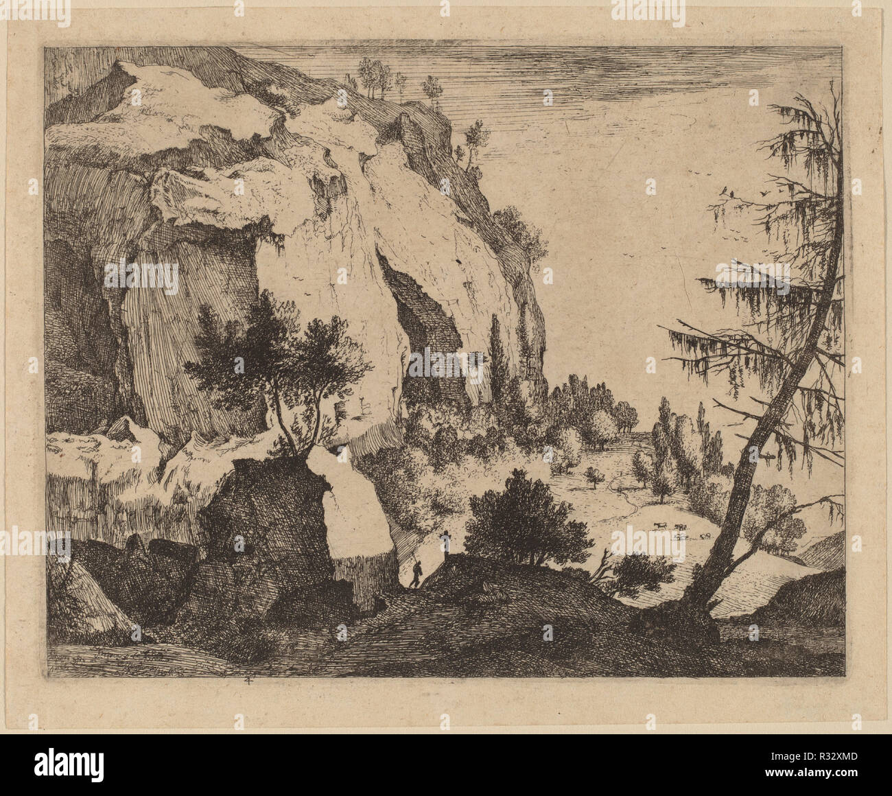 Felsige Landschaft mit Fir: pl.4. Medium: Radierung. Museum: Nationalgalerie, Washington DC. Autor: roelant Roghman und Melchior Küsel. Stockfoto