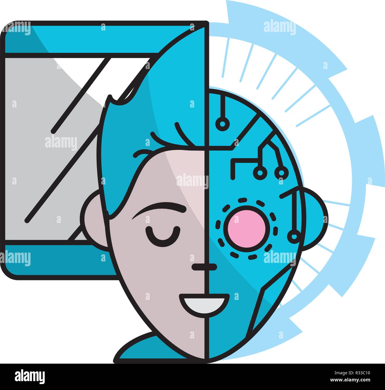 Technik Computer Bildschirm mit digitalen und robotic Gesicht mit einem halb menschliches Gesicht cartoon Vector Illustration graphic design Stock Vektor