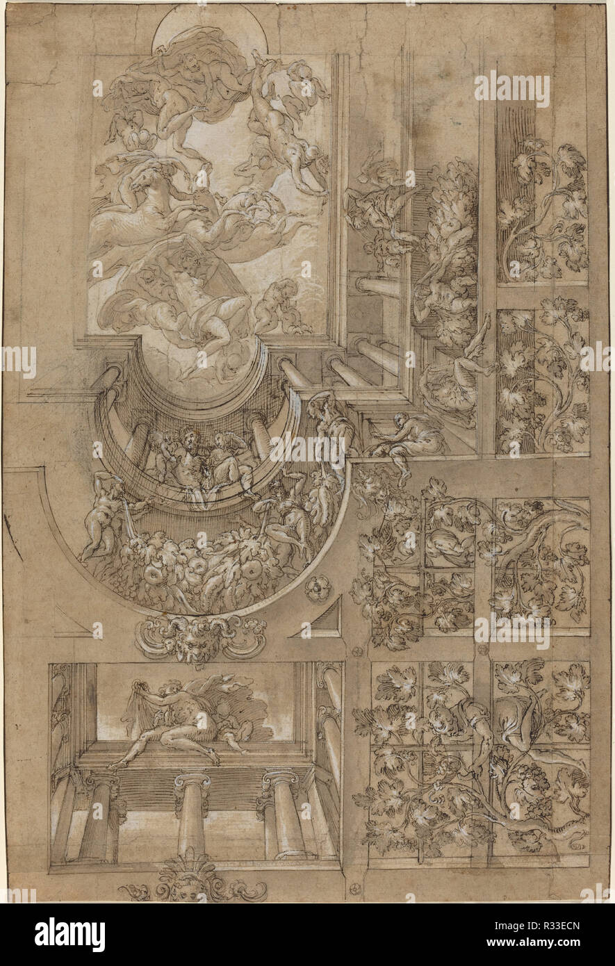 Illusionistische Decke mit einer Laube, Zahlen über Galerien balanciert, und einen zentralen Schauplatz der Olympischen Götter. Vom: C. 1570/1580. Maße: gesamt: 39,7 x 26,6 cm (15 5/8 x 10 1/2 in.). Medium: Stift und Tinte braun mit braun Waschen, verstärkt mit den weißen, über Schwarze Kreide auf braunem Papier (Blatt vergrößert rechts und unten durch den Künstler). Museum: Nationalgalerie, Washington DC. Thema: Italienisch 16. Stockfoto