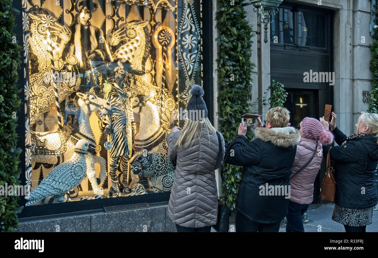 NEW YORK, USA, 20. Nov 2018. Passanten stoppen zu fotografieren, ein Fenster der Bergdorf Goodman luxus Kaufhaus in Midtown Manhattan. Foto von Enrique S Stockfoto