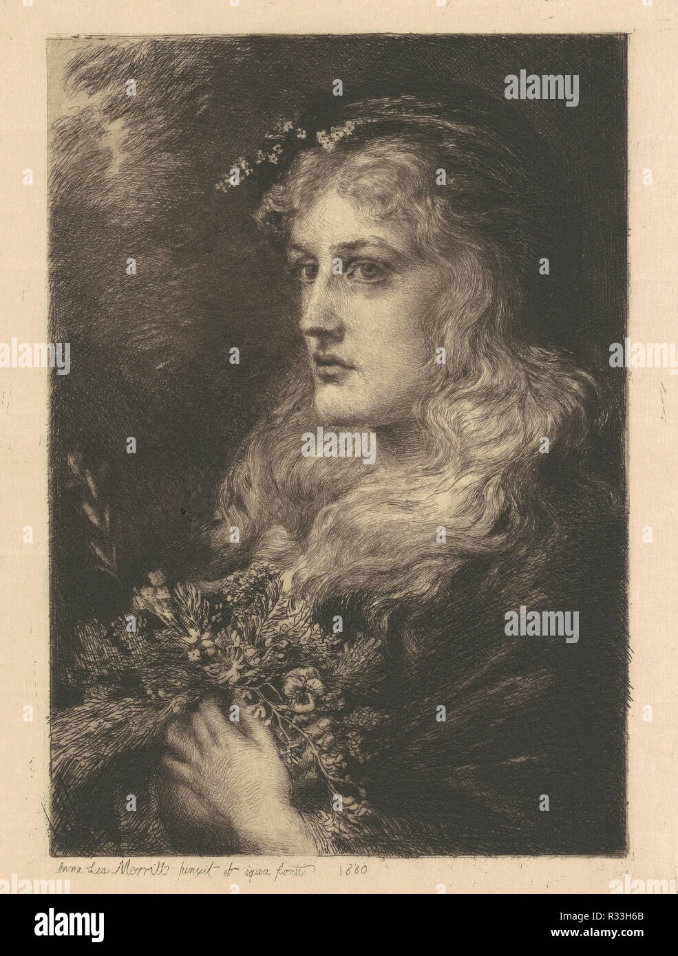 Ophelia. Stand: 1880. Abmessungen: Bild: 20,48 × 14,45 cm (8 1/16 x 5 11/16 in.) Platte: 22.54 x 17.46 cm (8 7/8 x 6 7/8 in.) Blatt: 40.48 x 27.78 cm (15 15/16 x 10 15/16 in.). Medium: Radierung und Aquatinta in Schwarz auf Bütten. Museum: Nationalgalerie, Washington DC. Autor: ANNA LEA MERRITT. Stockfoto
