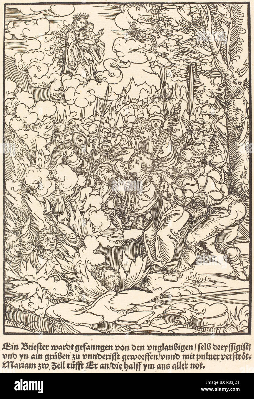 Ein Briester wardt gefanngen... Vom: C. 1503. Maße: Blatt: 26,3 x 18 cm (10 3/8 x 7 1/16 in.). Medium: Holzschnitt auf Bütten. Museum: Nationalgalerie, Washington DC. Autor: Master der Wunder von Mariazell. Stockfoto