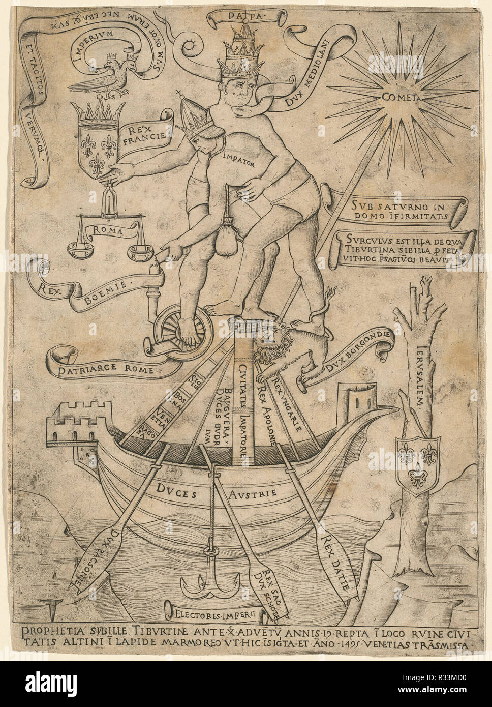Allegorie auf den Kaiser und den Papst. Vom: C. 1495. Maße: Blatt: 27,4 x 20 cm (10 13/16 x 7 7/8 in.). Medium: Gravur. Museum: Nationalgalerie, Washington DC. Thema: Italienisch 15. Jahrhundert. Stockfoto