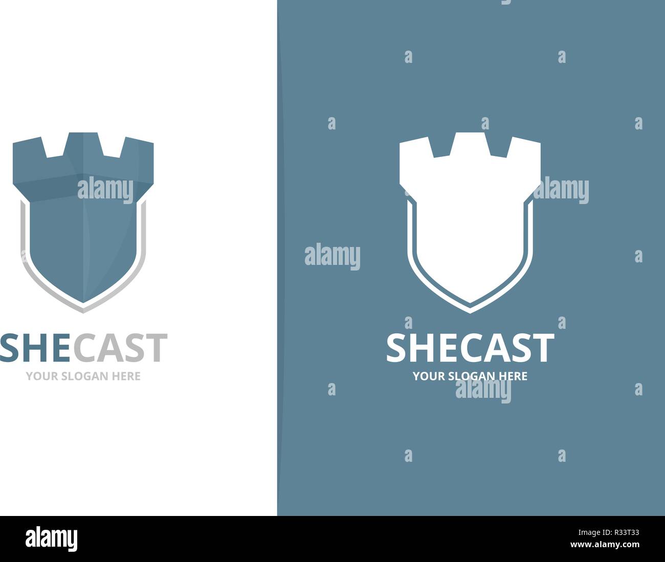 Vektor Schloss und Schild logo Kombination. Turm und Sicherheit Symbol oder Icon. Einzigartige Festung und Guard Logo Design Template. Stock Vektor