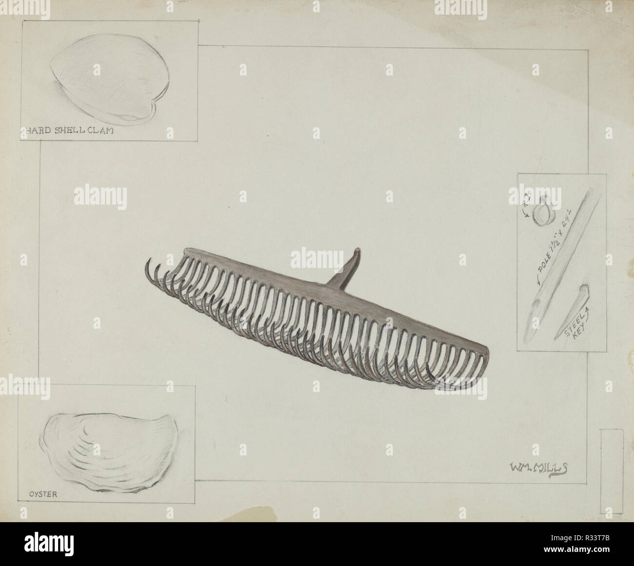 Clam Rechen. Vom: C. 1936. Maße: gesamt: 22,9 x 27,7 cm (9 x 10 7/8 in.) Original IAD Objekt: Rake: 30' breit. Medium: Aquarell und Graphit auf Papier. Museum: Nationalgalerie, Washington DC. Autor: William Mills. Stockfoto