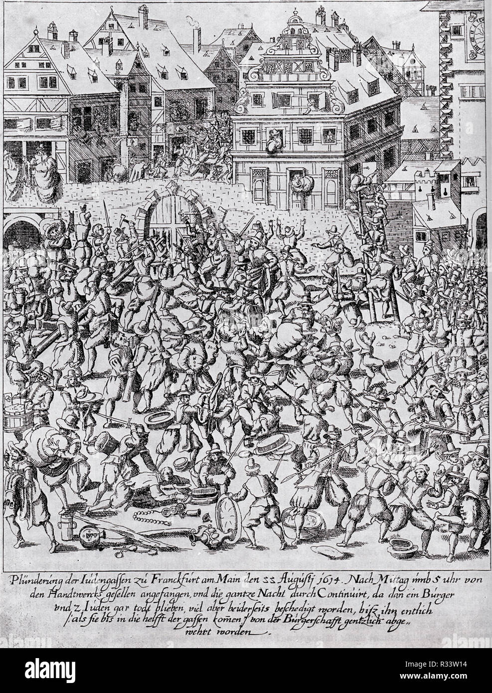 Fettmilch Aufstand: Die Plünderung der Judengasse (Judentum) in Frankfurt am Main am 22. August 1614 Stockfoto