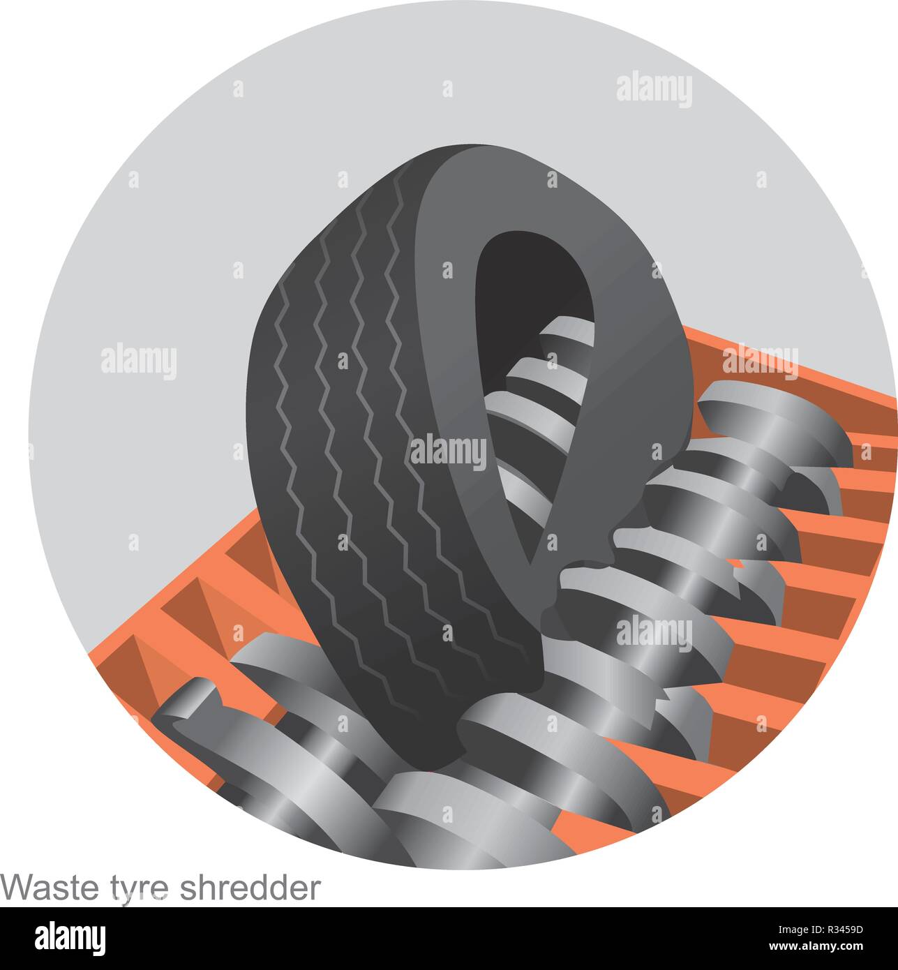 Verwendet automotive Reifen können in kleine Stücke zerkleinert werden. Werden Gummi Produkt von Automotive alten Reifen. Stock Vektor