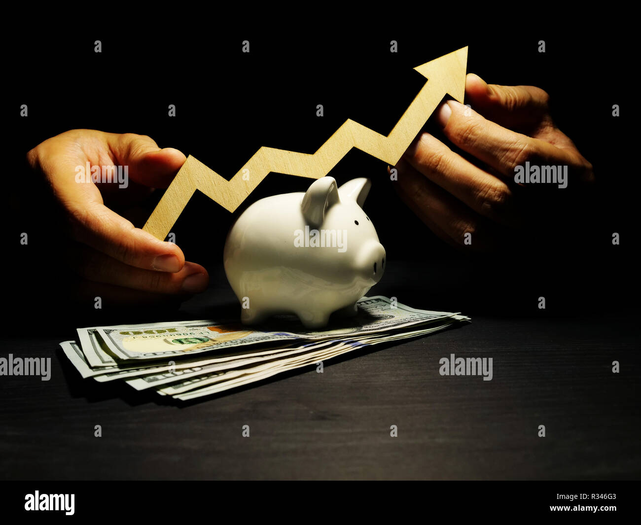 Wealth Management. Sparschwein und Hände ist die Pfeiltasten. Geld Investitionen. Stockfoto