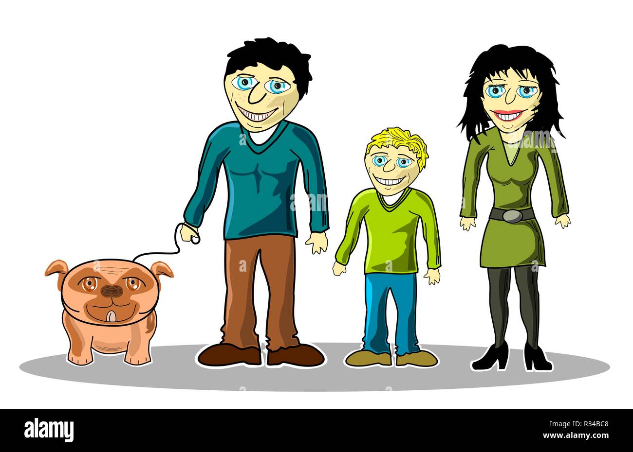Familie mit Hund - Comic Stil Stockfoto