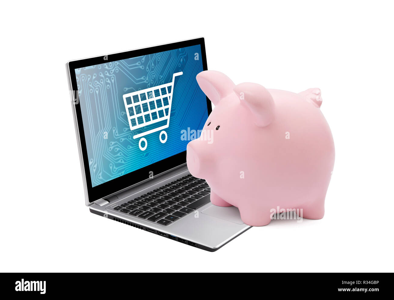 Sparschwein und Laptop mit Warenkorb Grafik. Speichern Konzept Stockfoto