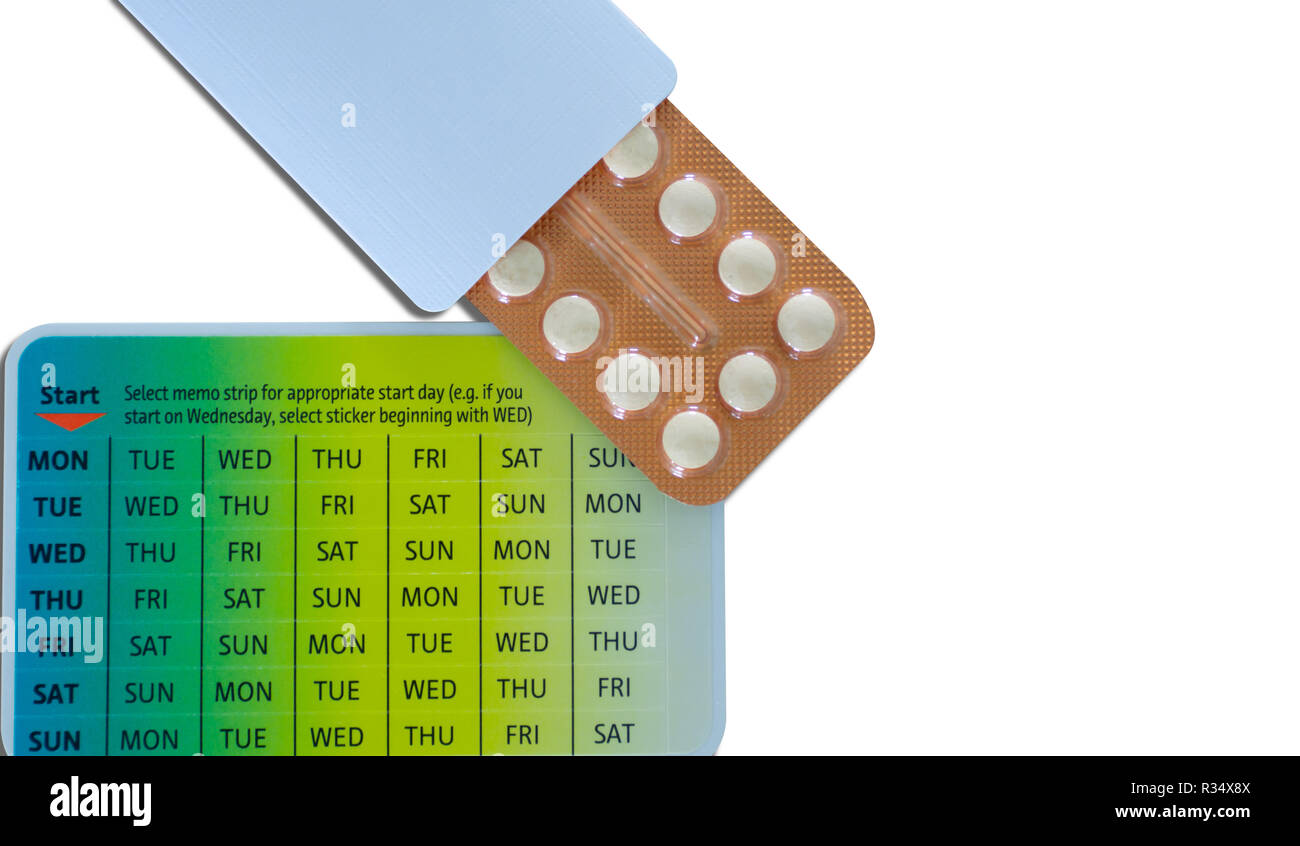 Antibabypillen orale Kontrazeptiva in orange Blisterverpackung. Hormon Medizin in Papier pack. Hormon Hormone für die Behandlung der Akne. Anti-Akne dr Stockfoto
