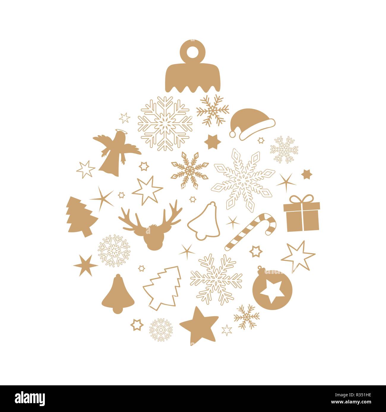 Christmas Ball mit verschiedenen Symbolen rentier Schneeflocke Stern tanne Zuckerstange Geschenk Engel Glocke auf weißem Hintergrund Stock Vektor