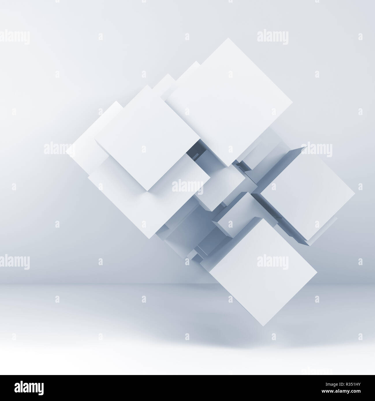 Abstrakte Digitale Hintergrund mit der Installation des Cubes im leeren Raum. Platz 3D-Darstellung Stockfoto