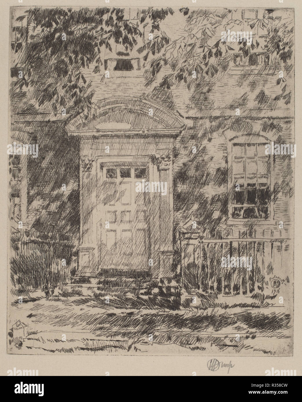 Portsmouth Tür. Stand: 1916. Medium: Radierung und kaltnadelradierung in Schwarz. Museum: Nationalgalerie, Washington DC. Autor: Childe Hassam. Stockfoto