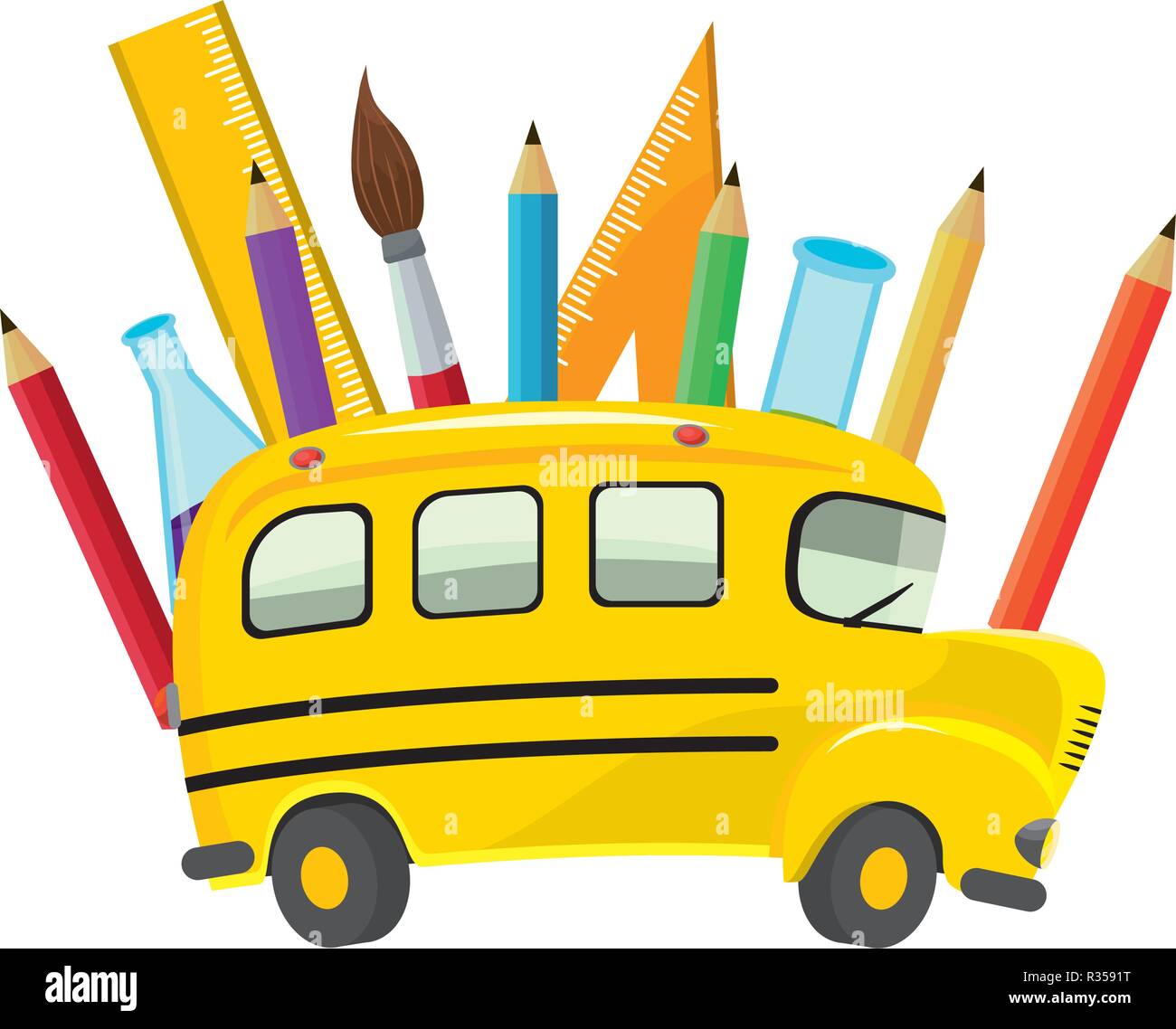 Volksschule Bus mit Studie Elemente cartoon Vector Illustration graphic design Stock Vektor