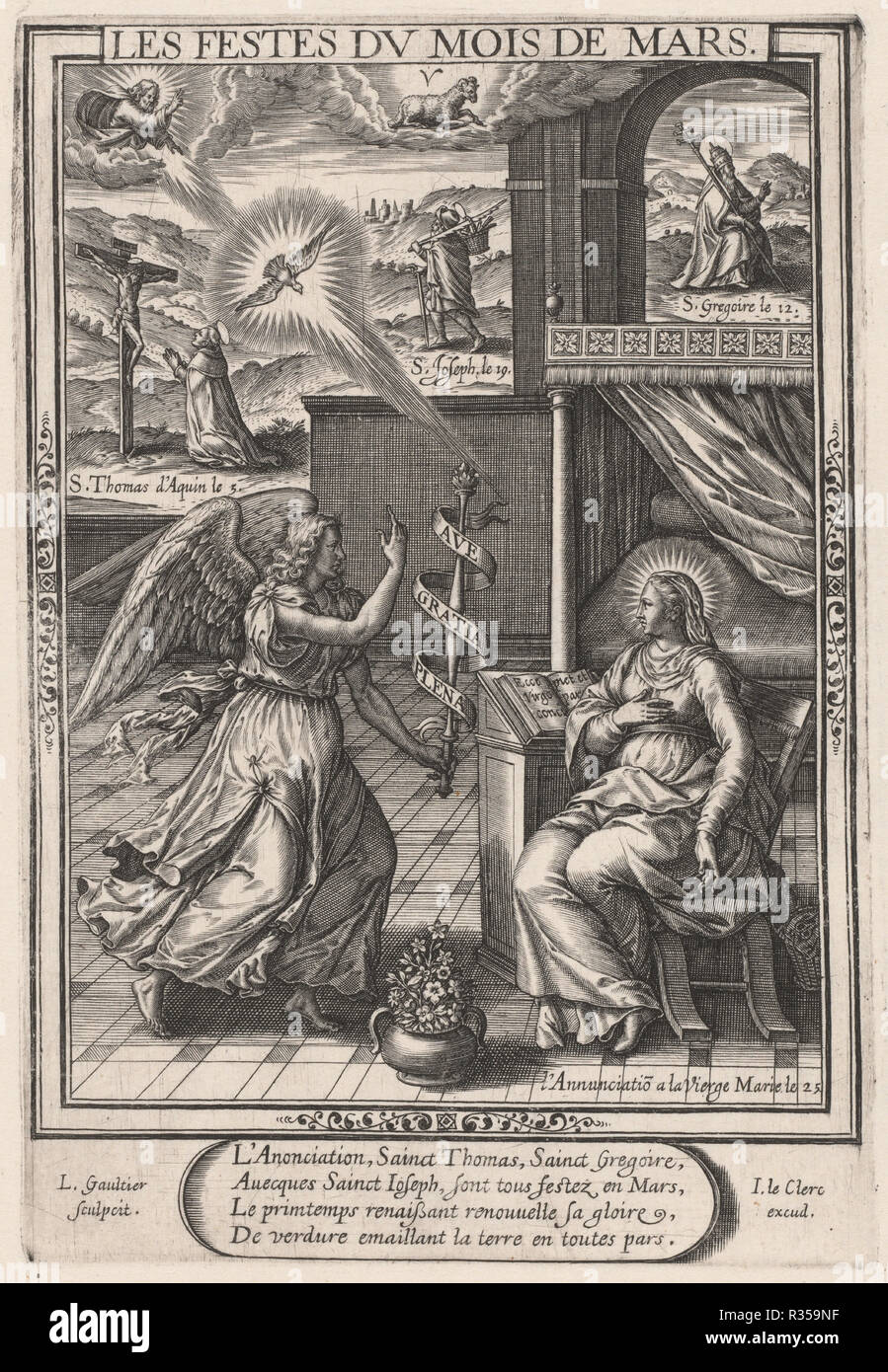 Les Festes du mois de Mars (März: Der Verkündigung). Stand: 1603. Abmessungen: Platte: 18,9 x 12,9 cm (7 7/16 x 5 1/16 in.) Blatt: 29,1 x 20,5 cm (11 5/6 x 8 1/16 in.). Medium: Gravur auf Bütten. Museum: Nationalgalerie, Washington DC. Autor: Léonard Gaultier. Stockfoto