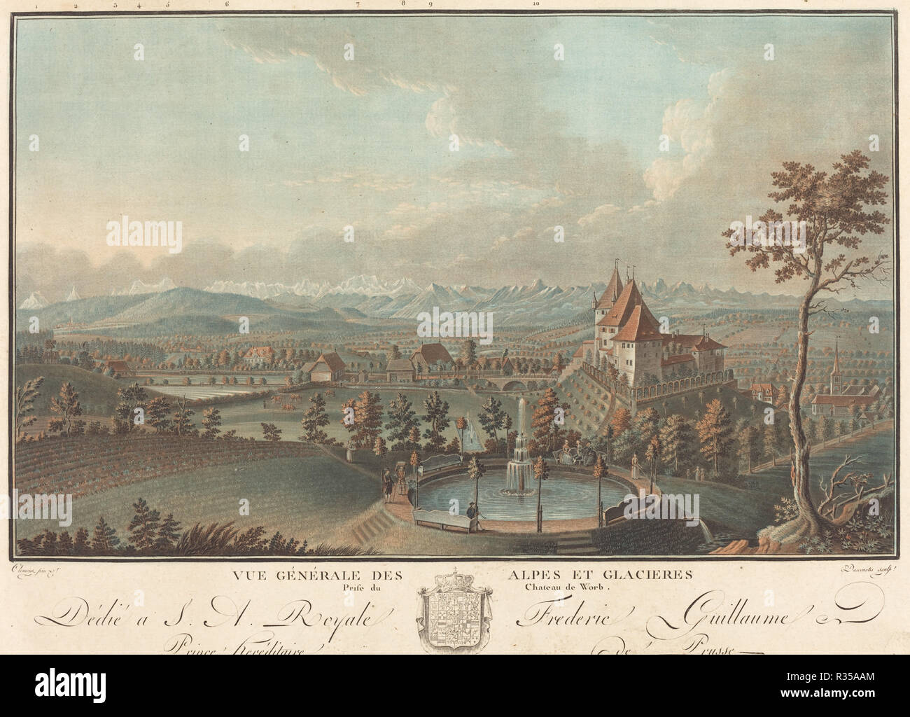 Vue generale des Alpes et Gletscher. Medium: Radierung und Gravur in Farbe gedruckt. Museum: Nationalgalerie, Washington DC. Autor: Charles-Melchior Descourtis. Stockfoto