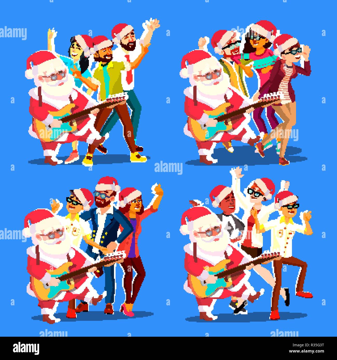 Santa Claus Tanz mit der Gruppe von Menschen und Gitarre in den Händen. Positive Männer und Frauen. Spaß am Tanzen. Weihnachtsfeier Vector Illustration Stock Vektor