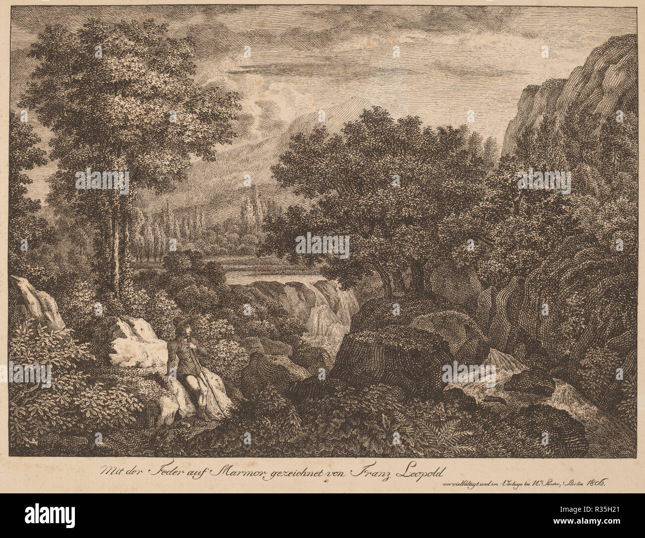 Reisende ruht in einer bergigen Landschaft. Stand: 1806. Abmessungen: Platte: 30 × 41,7 cm (11 13/16 x 16 7/16 in.) Blatt: 40,3 x 54,5 cm (15 7/8 x 21 5/6 in.). Medium: Lithographie in Schwarz auf Webte creme Papier. Museum: Nationalgalerie, Washington DC. Autor: Franz Joseph Leopold. Stockfoto