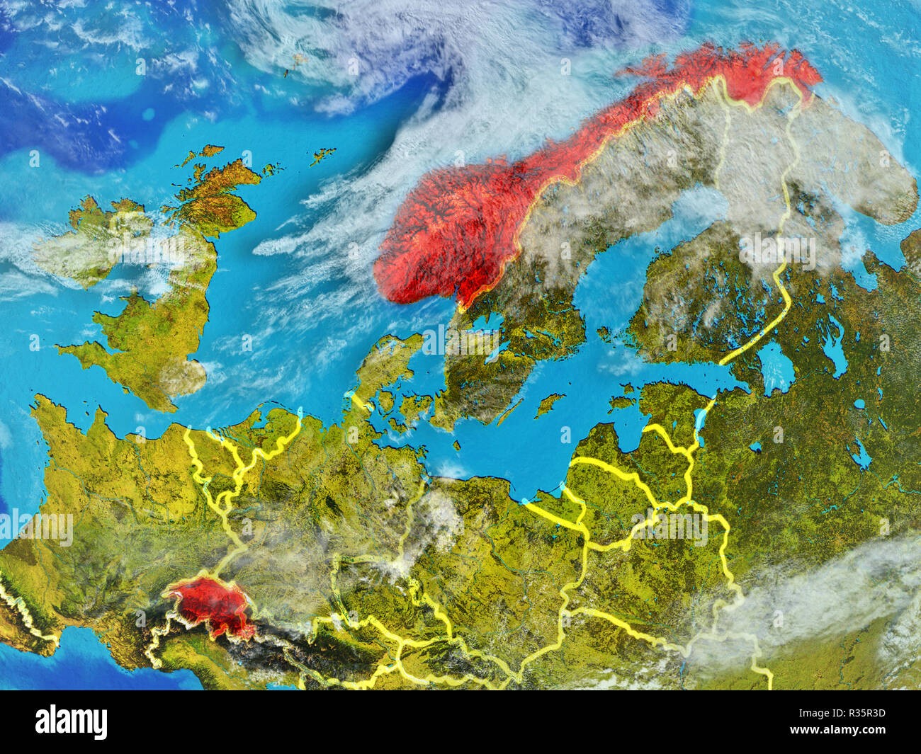 EFTA-Ländern von Speicherplatz auf dem Modell des Planeten Erde mit Ländergrenzen. Extrem feine Details der Planeten und Wolken. 3D-Darstellung. Elemente Stockfoto