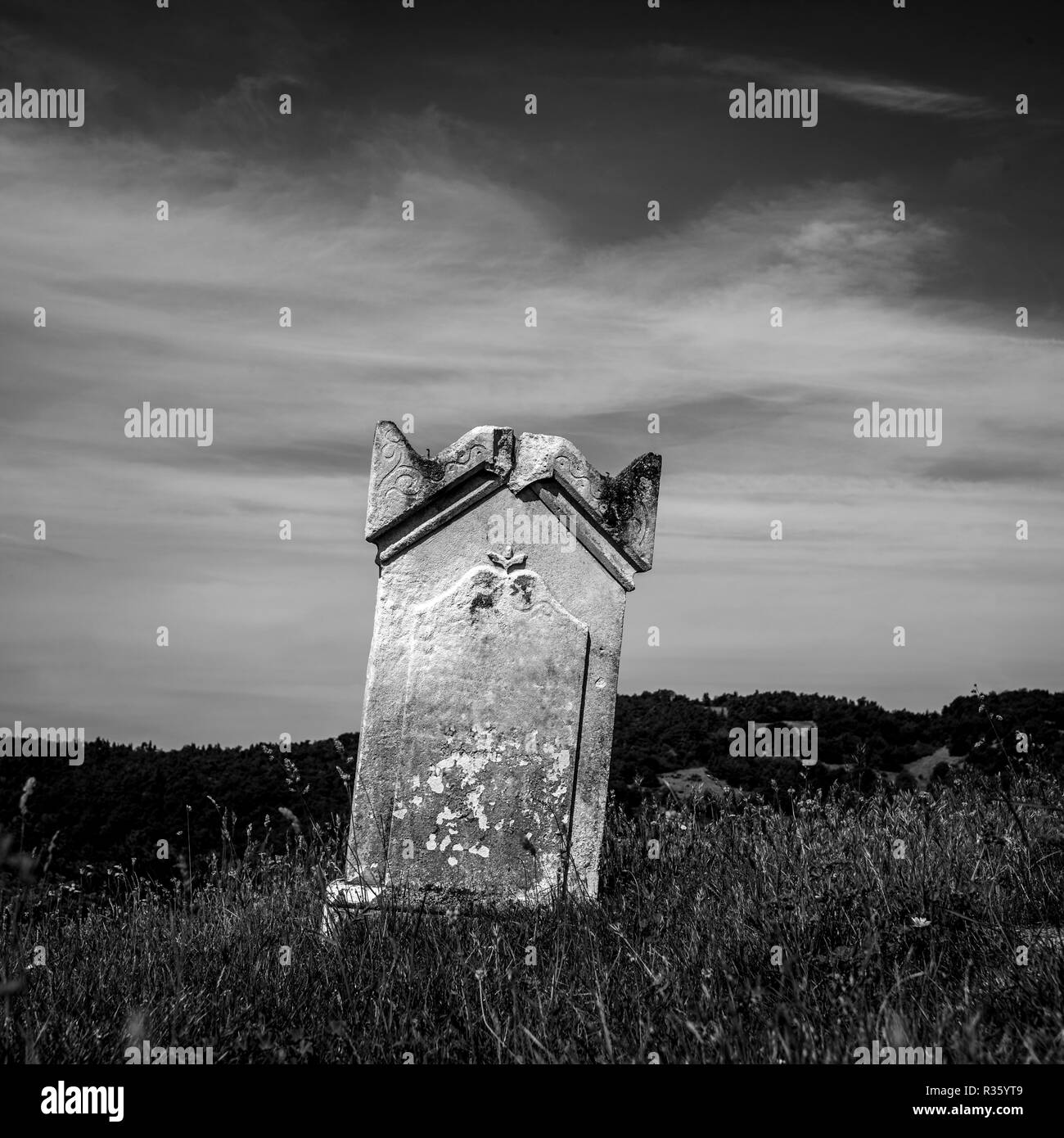 Verwitterter Grabstein auf einem Feld. Auvergne. Frankreich Stockfoto