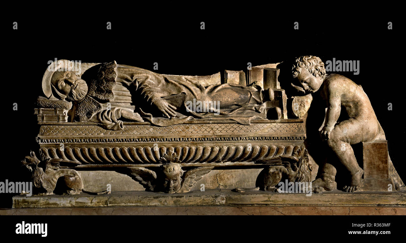 Tombstone Modell der Reader 1578 Faenza Bildhauer Pietro Barilotto 1481/1553, aktiv in der ersten Hälfte des sechzehnten Jahrhunderts in der Romagna, Italien, Italienisch, Stockfoto