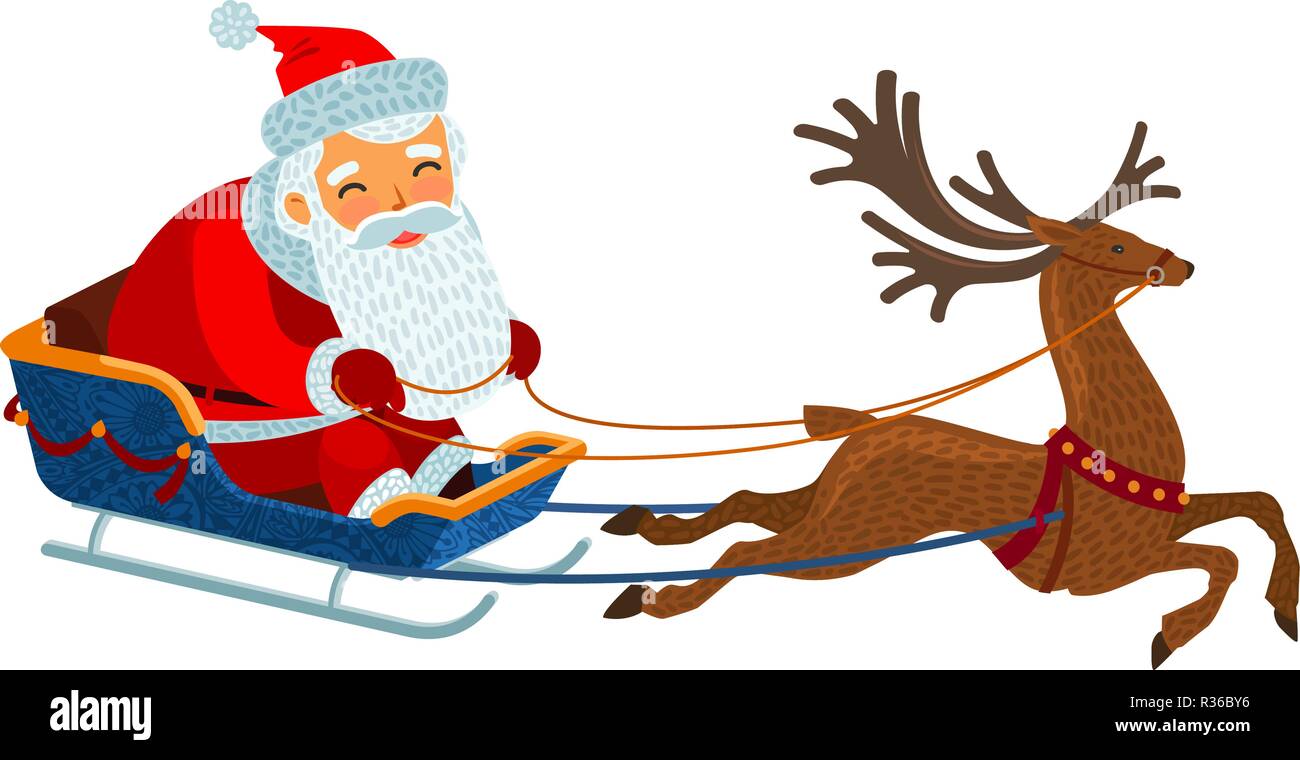 Santa Claus ist Reiten in einem Pferdeschlitten. Weihnachten Konzept. Cartoon Vector Illustration Stock Vektor