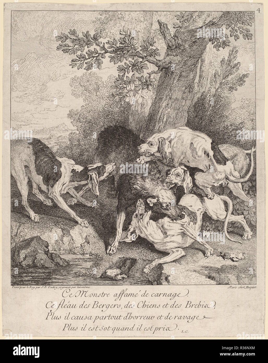 Ein Wolf von Hunden angegriffen. Stand: 1725. Abmessungen: Platte: 37,4 x 29,2 cm (14 3/4 x 11 1/2 in.) Blatt: 37,4 x 29,6 cm (14 3/4 x 11 5/8 in.). Medium: Radierung auf Bütten. Museum: Nationalgalerie, Washington DC. Thema: Jean-Baptiste Oudry. Stockfoto